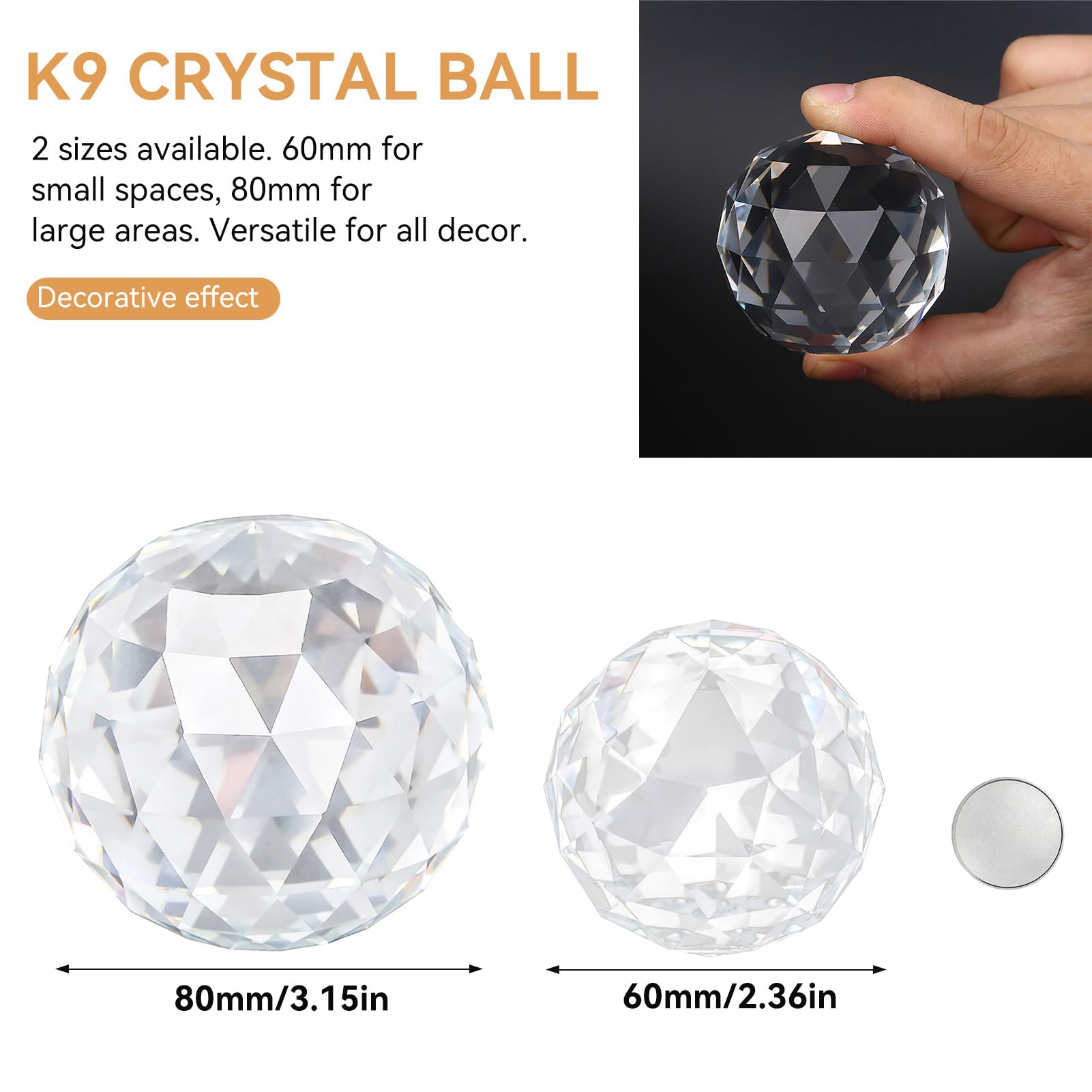 Boule de Cristal 80mm, Boule de Verre Clair Prismes pour Feng Shui, Divination, Décoration de Mariage ou Maison