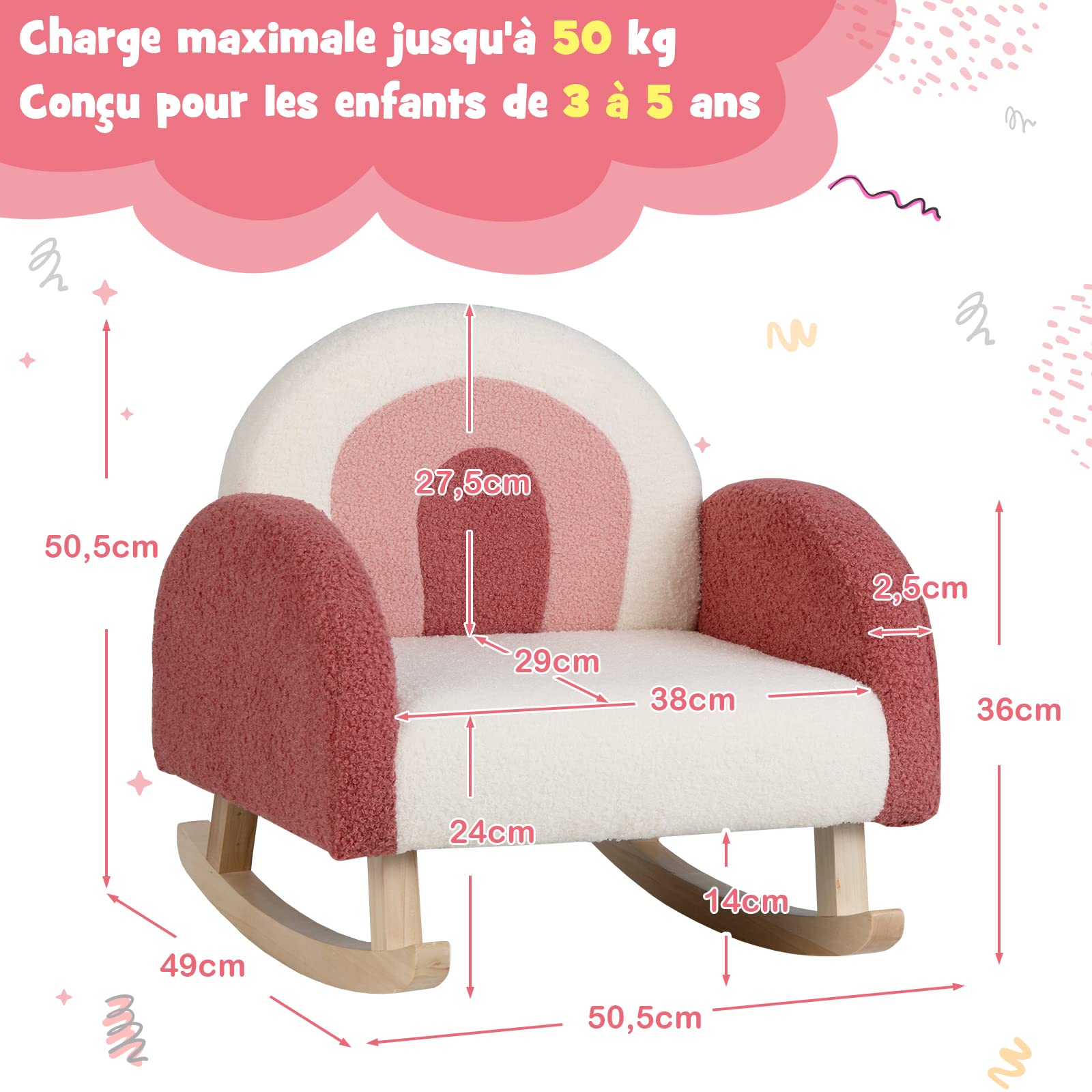 COSTWAY Fauteuil à Bascule Enfant, Fauteuil en Peluche Moderne avec Pieds en Bois de Peuplier à Bascule Massif, Design Anti-Renversement, Aspect Mignon, pour Enfant de 3 à 5 Ans (Rose)