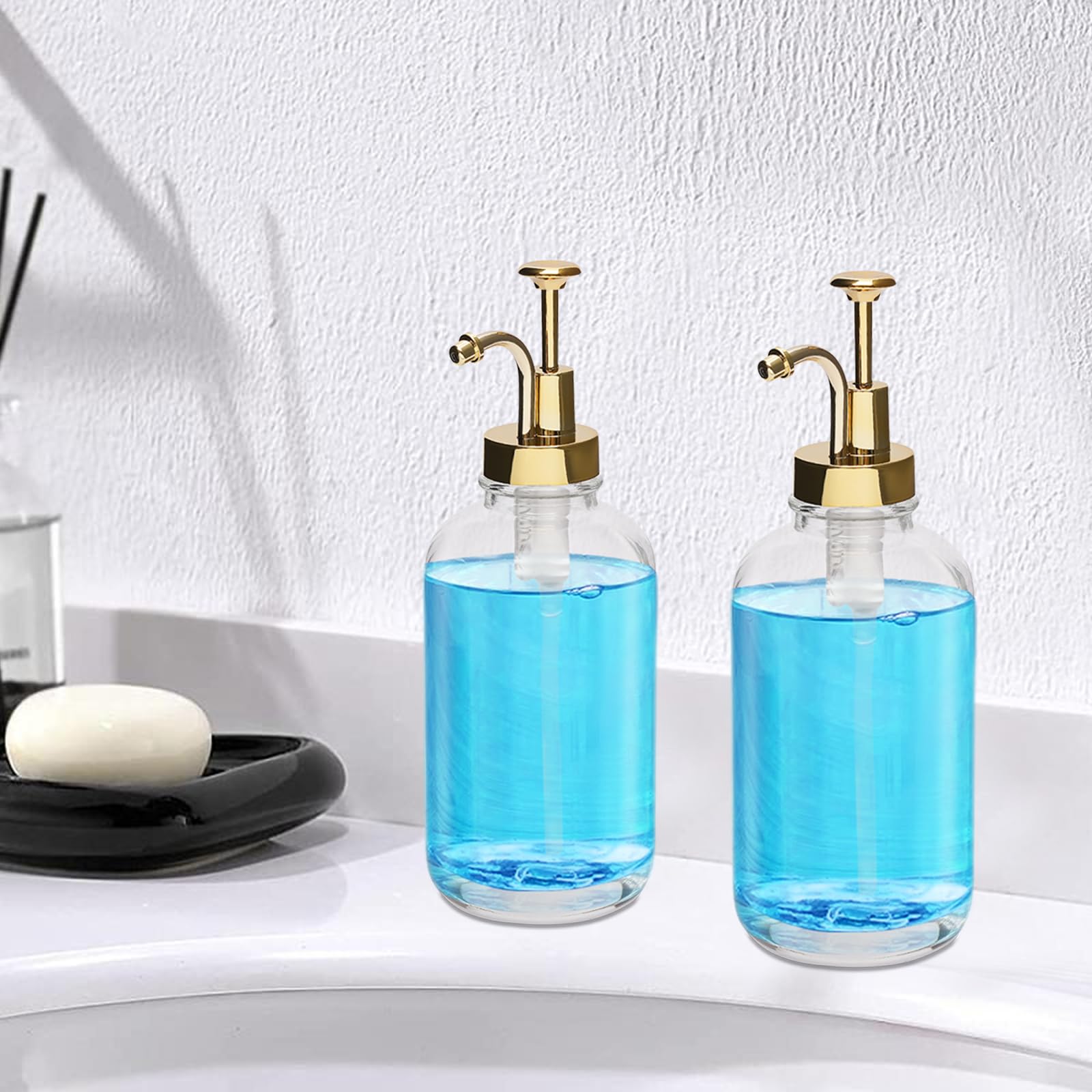 2 dispenser per pompa in vetro con imbuto, dispenser trasparente per sciroppi di caffè, bottiglia di sciroppo di vetro con pompa, capacità di ogni dispenser 500 ml