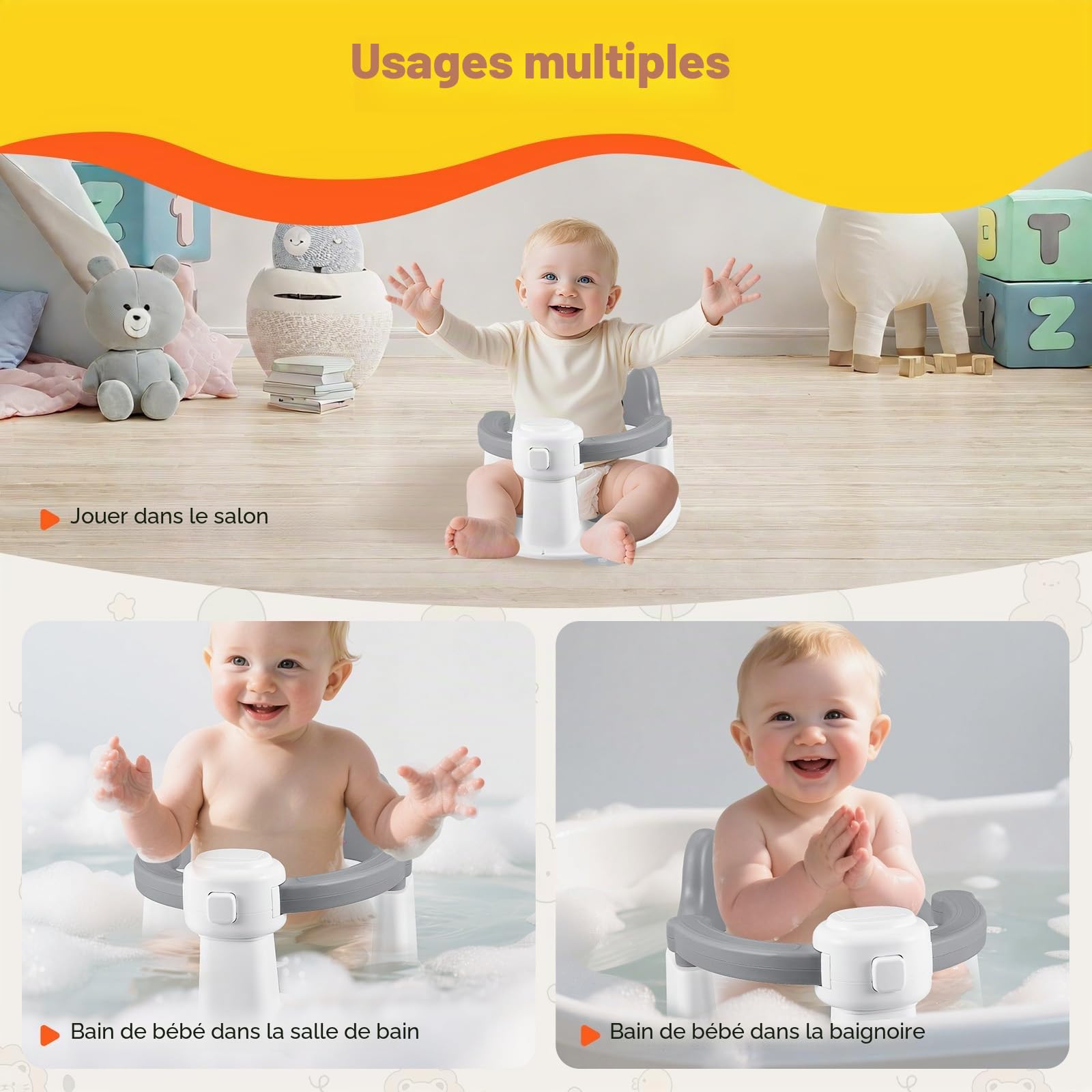 Siège de Bain Bébé Antidérapante 6 Mois+ avec 4 Ventouses