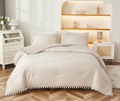 Miniatura 3 de Bedbay Juego de edredón con pompones, color beige, bohemio, juego de ropa de cama para niños y niñas, juego de ropa de cama de microfibra ultra