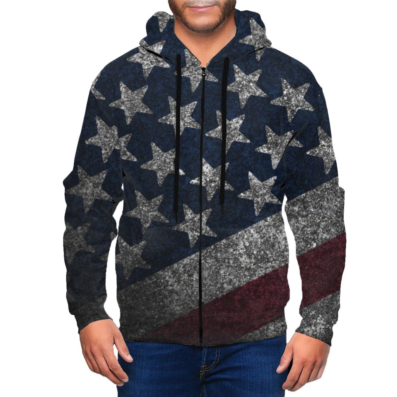 DJNGN Vintage American Flag Men's Hoodie Full-Zip Pullover Sweatshirts with Pocket Jacket