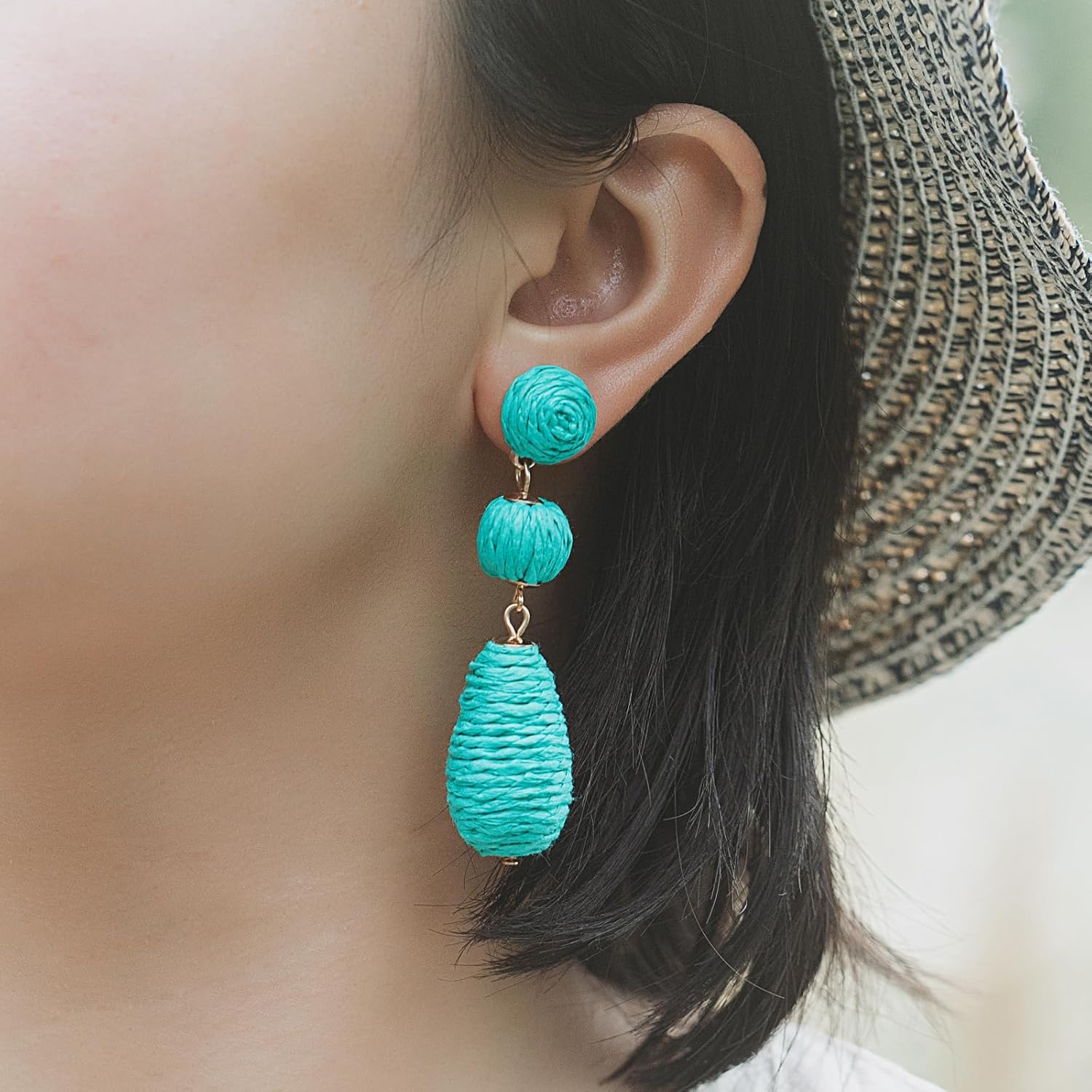 Boho Raffia Earrings Statement Dangle Earrings Cute Teardrop Ball Earrings Colorful Summer Jewelry Handmade Rattan Earrings for Women - Image 4