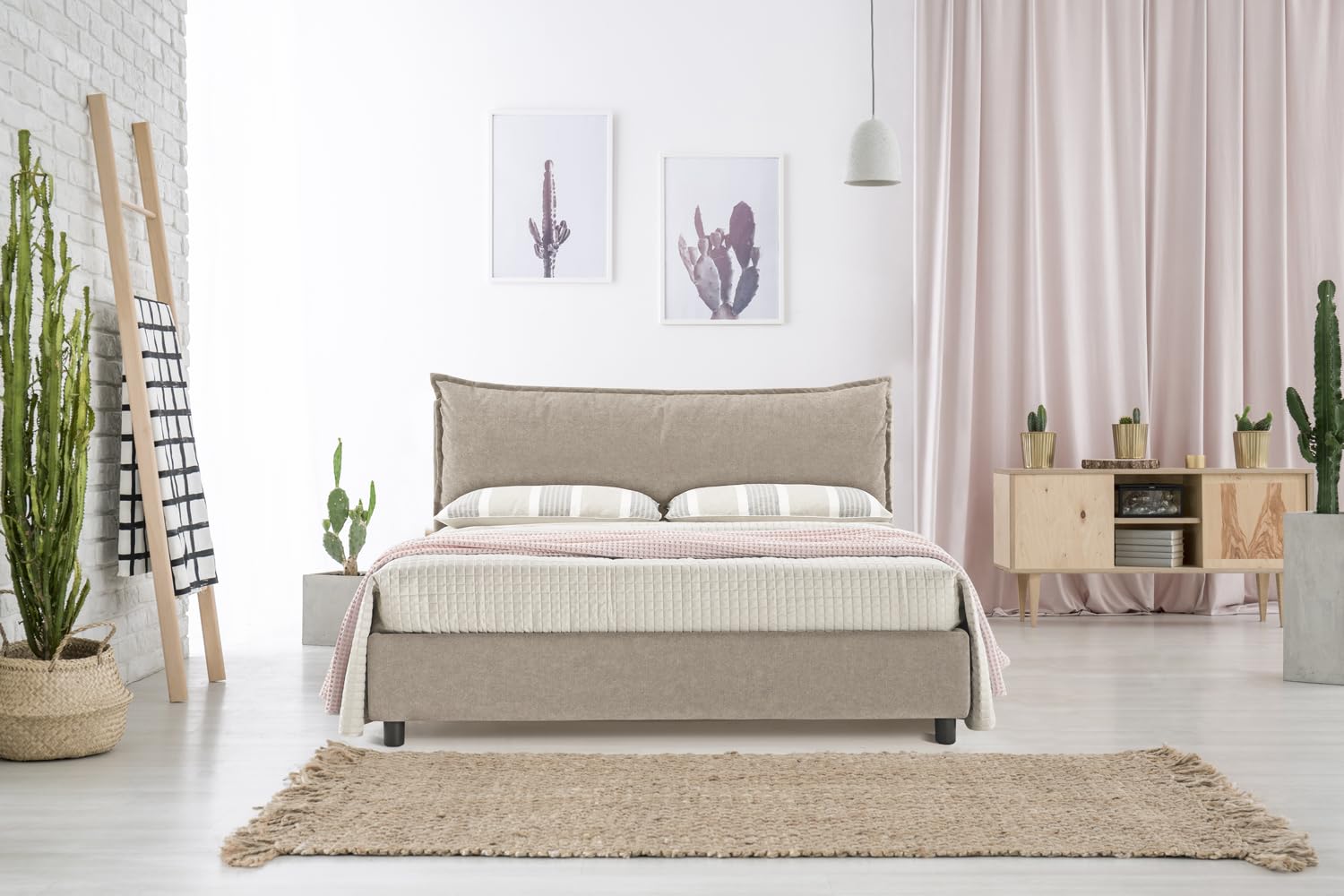EVERGREENWEB Letto Matrimoniale con Contenitore 160x195 cm, Elegante Struttura Letto Imbottita, Rete a doghe in Legno Inclusa, Moderna Testiera Rivestimento SFODERABILE Tessuto Tortora, Modello ARLES