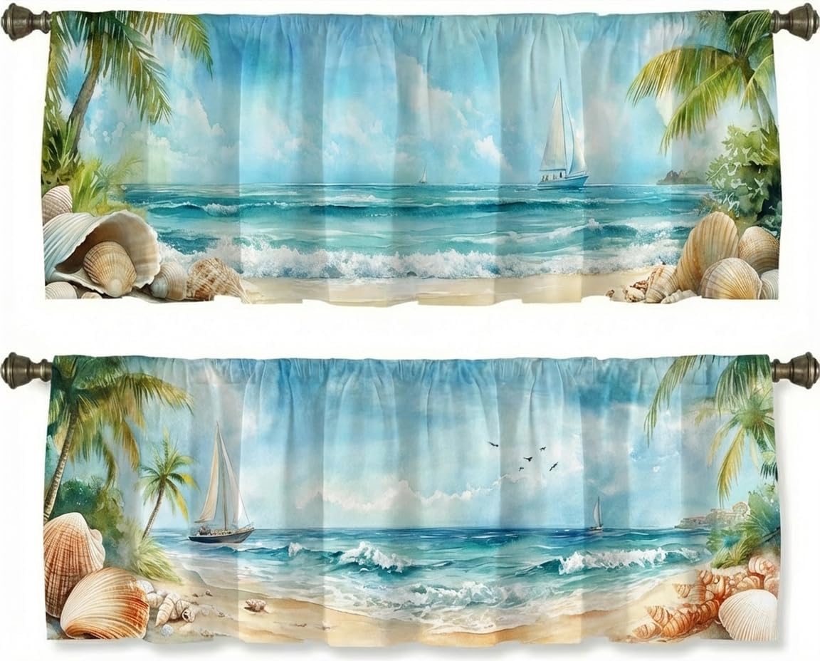 Beach Ocean Curtain for Windows 2 Pack,Tropical Palm Shell Sailboat Rod Pocket Window Treatments Short Curtains for Kitchen Windows Bathroom Bedroom 54x18 (Beach Ocean)