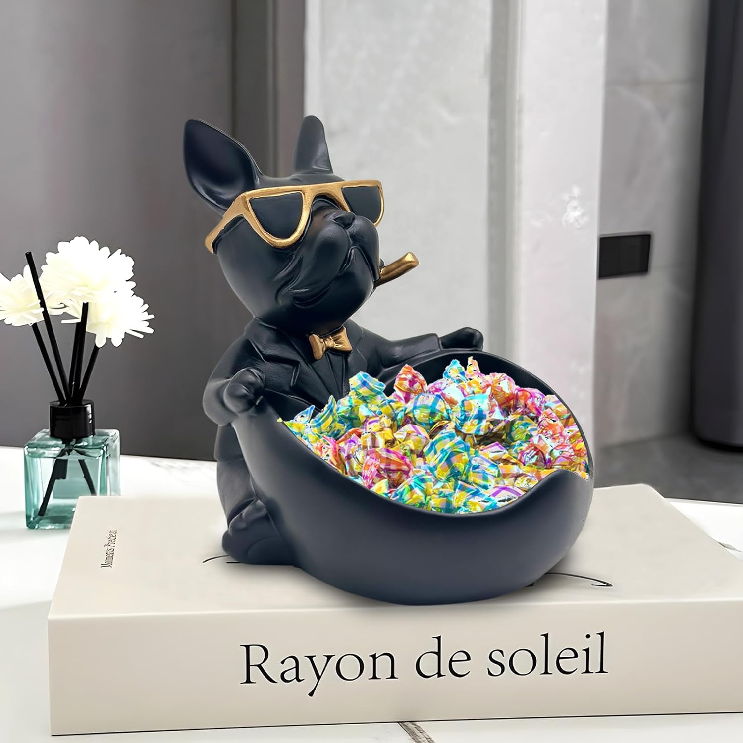 Bulldog Candy Bowl Decor, Heart-shaped Key Holder Bowl Candy Dish, Bulldog Accessories, Resin Bulldog Statue for Office Desk Home Decor Figurines Entryway Table Decor (Black) - Image 5