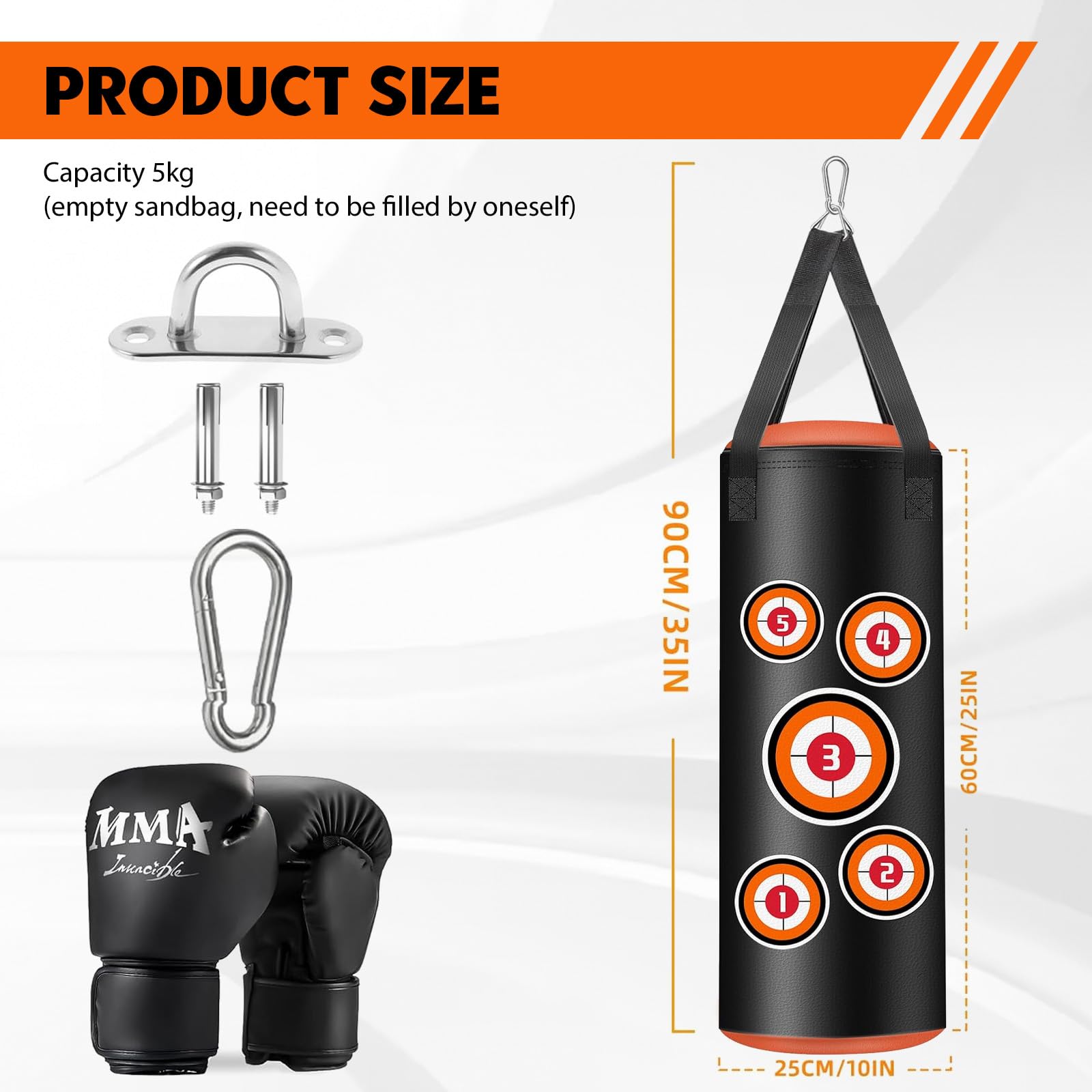 Saco de Boxeo Colgante para Niños, 60cm Sin Relleno Juego Colgante con Guantes, Cadenas y Ganchos de Fijación, Saco de Boxeo de Piel de Microfibra para Entrenamiento Kickboxing Fitness Niños Workout