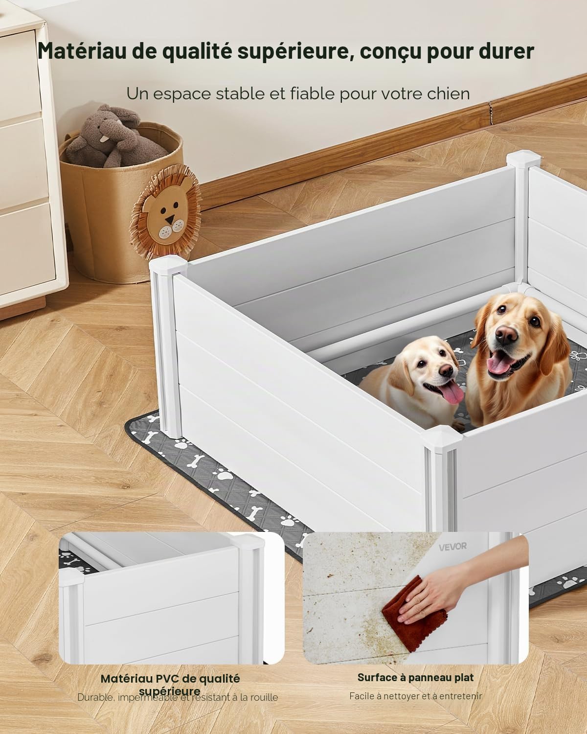 VEVOR Parc de Mise Bas pour Chien 122x122x46 cm Caisse de Mise Bas pour Chiots avec Porte Réglable en Hauteur Tapis d'Urine Lavable Boite de Naissance en Plastique PVC