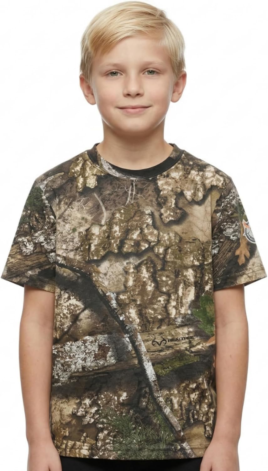Realtree Youth Camouflage Short Sleeve Crewneck Cotton Shirts for Boys and Girls Outdoor Hunting Tee