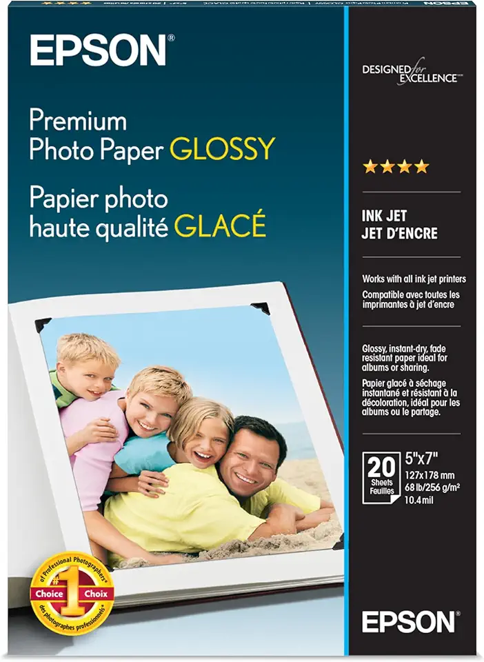 Epson Papel fotográfico premium S041464, 30 kg, alto brilho, 5 x 7 (pacote com 20 folhas)