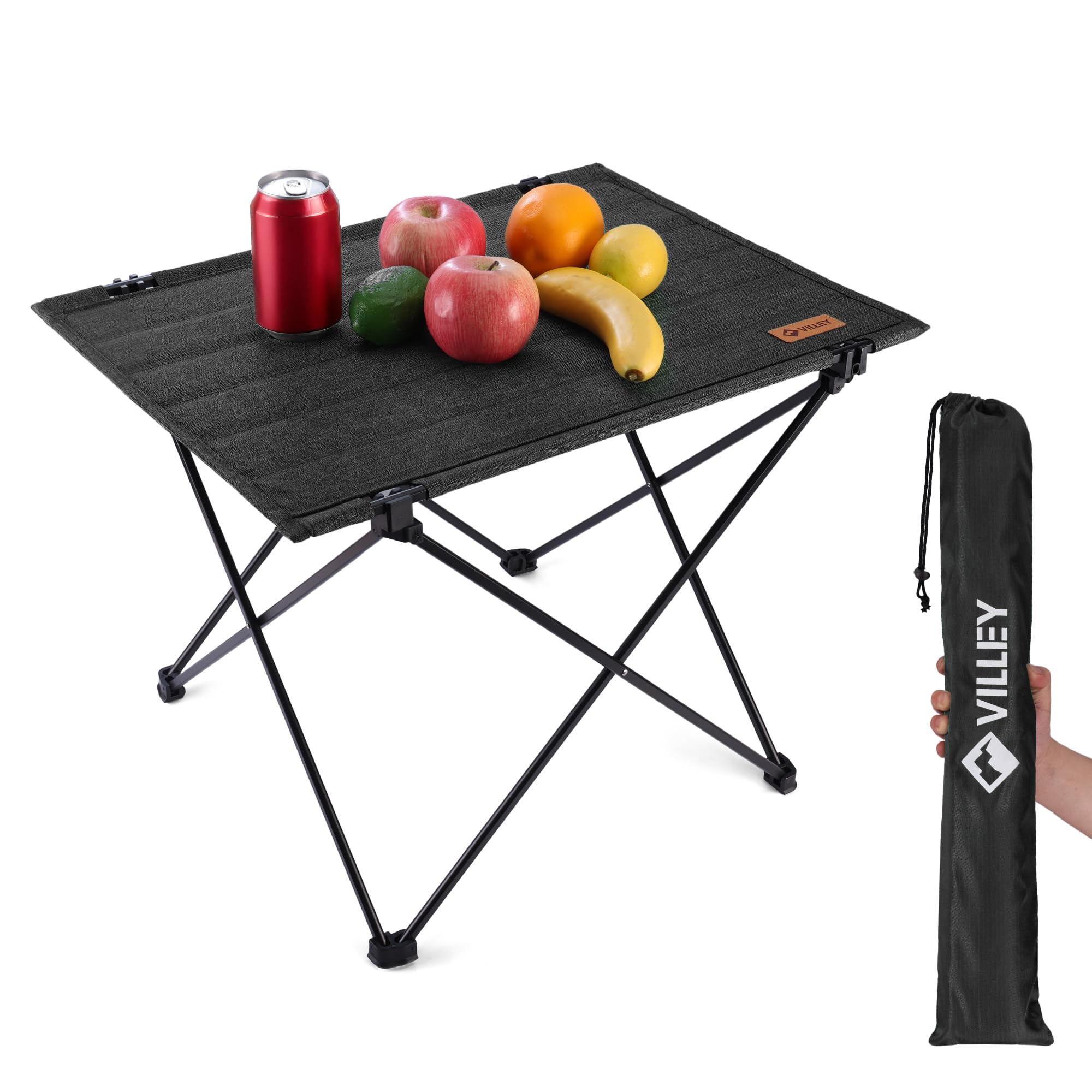 villey folding camping table with carry bag, portable lightweight beach table with oxford fabric and reinforced aluminum panel for outdoor, camping, picnic, backyards, bbq