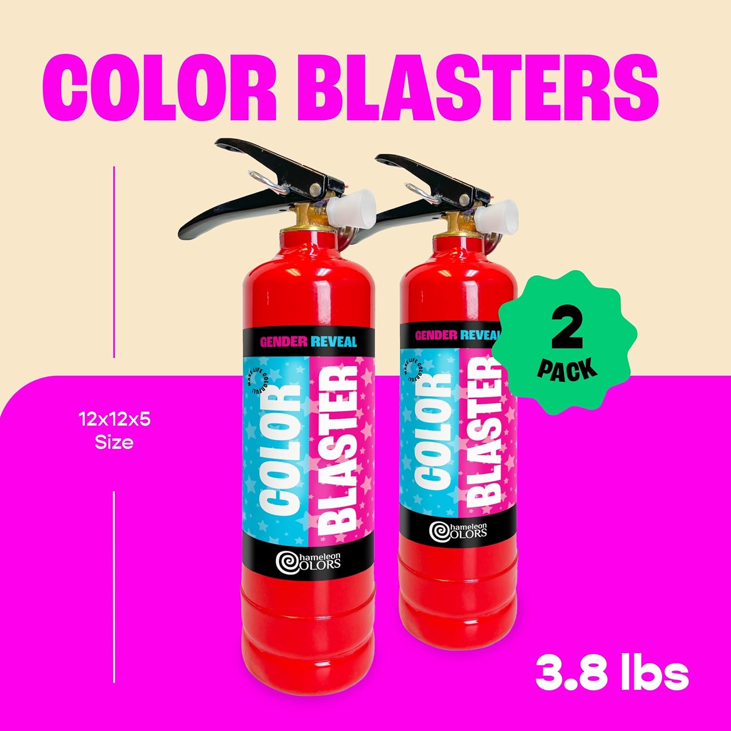 Chameleon Colors Gender Reveal Fire Extinguisher (Blue), Built in America, Gender Reveal Powder Extinguisher for Baby Boy Photo Shoot or Party, 2 Blue Color Blasters, Non-Toxic