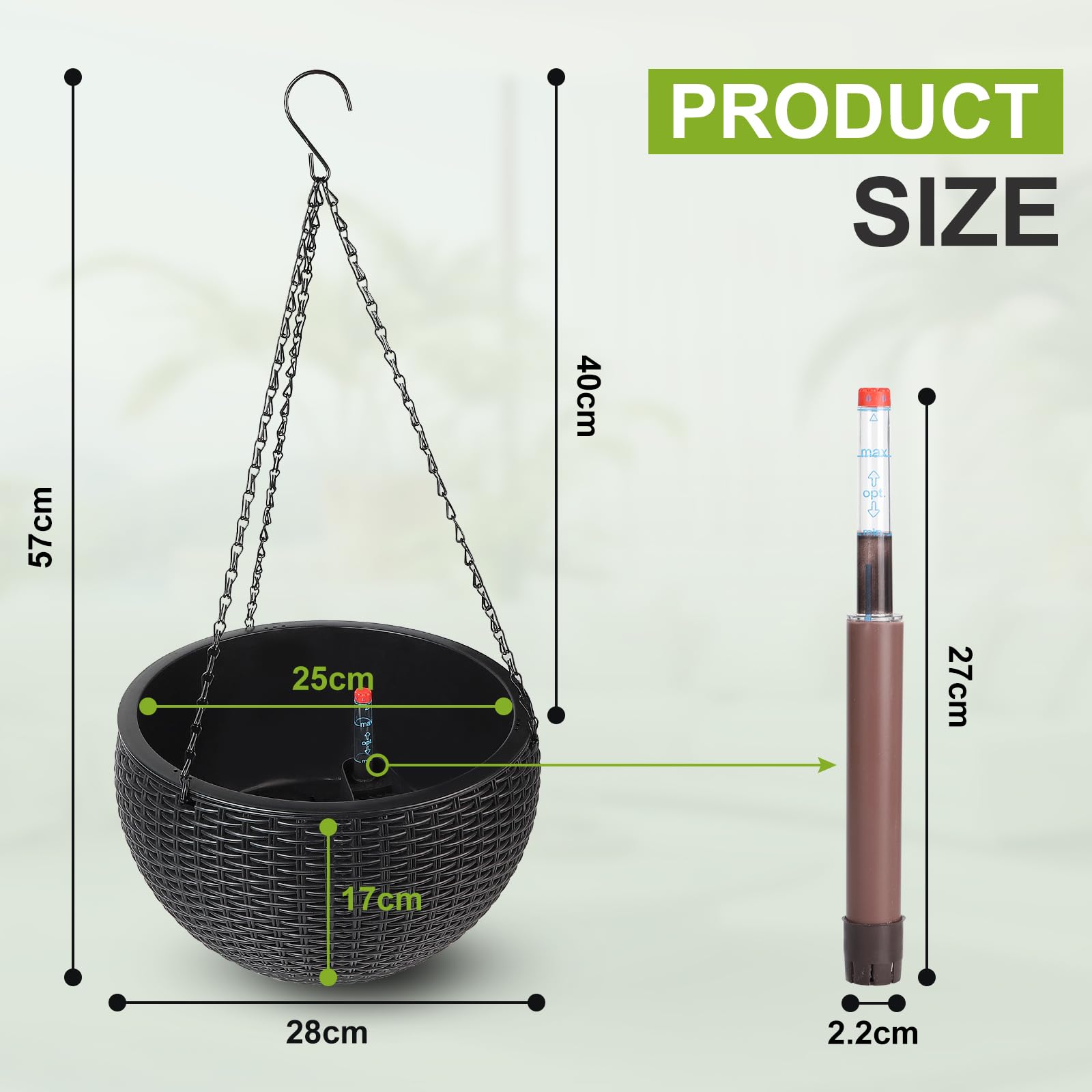 CPROSP 2pcs 28cm Vasi da Fiori Autoinnaffianti, Vasi da Fiori Sospesi | Fioriera Sospesa per Esterni Auto-innaffiatura per Esterni, Soffitti, Balconi Nero Con Foro di Scarico e Catene Antiruggine
