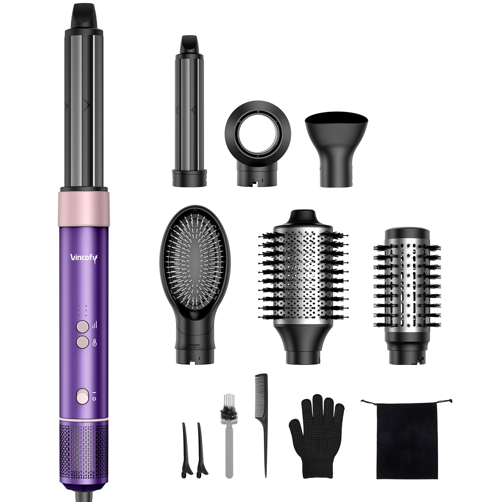 Vincofy 7-in-1 Hair Dryer Brush and Hair Styler Set – Fast Drying, Curling, Straightening &amp; Volumizing – Hot Air Styling Tool with No Heat Damage – for All Hair Types – Purple