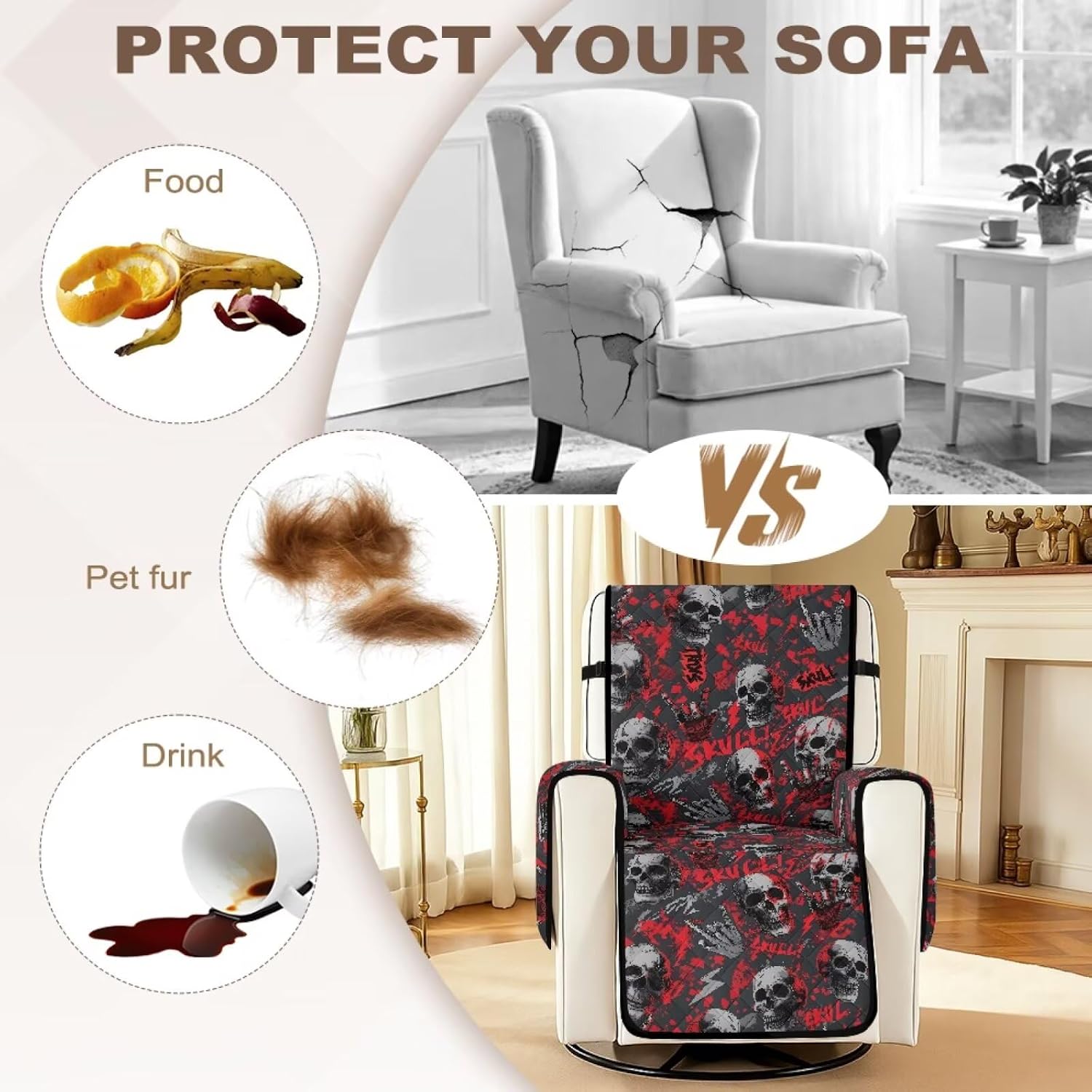 Skull Rock Lightning Print Recliner Chair Covers Lazy Boy Recliner Cover Non-Slip Soft Recliner Slipcovers Sofa Covers Washable Furniture Protector with Elastic Strap for Dog