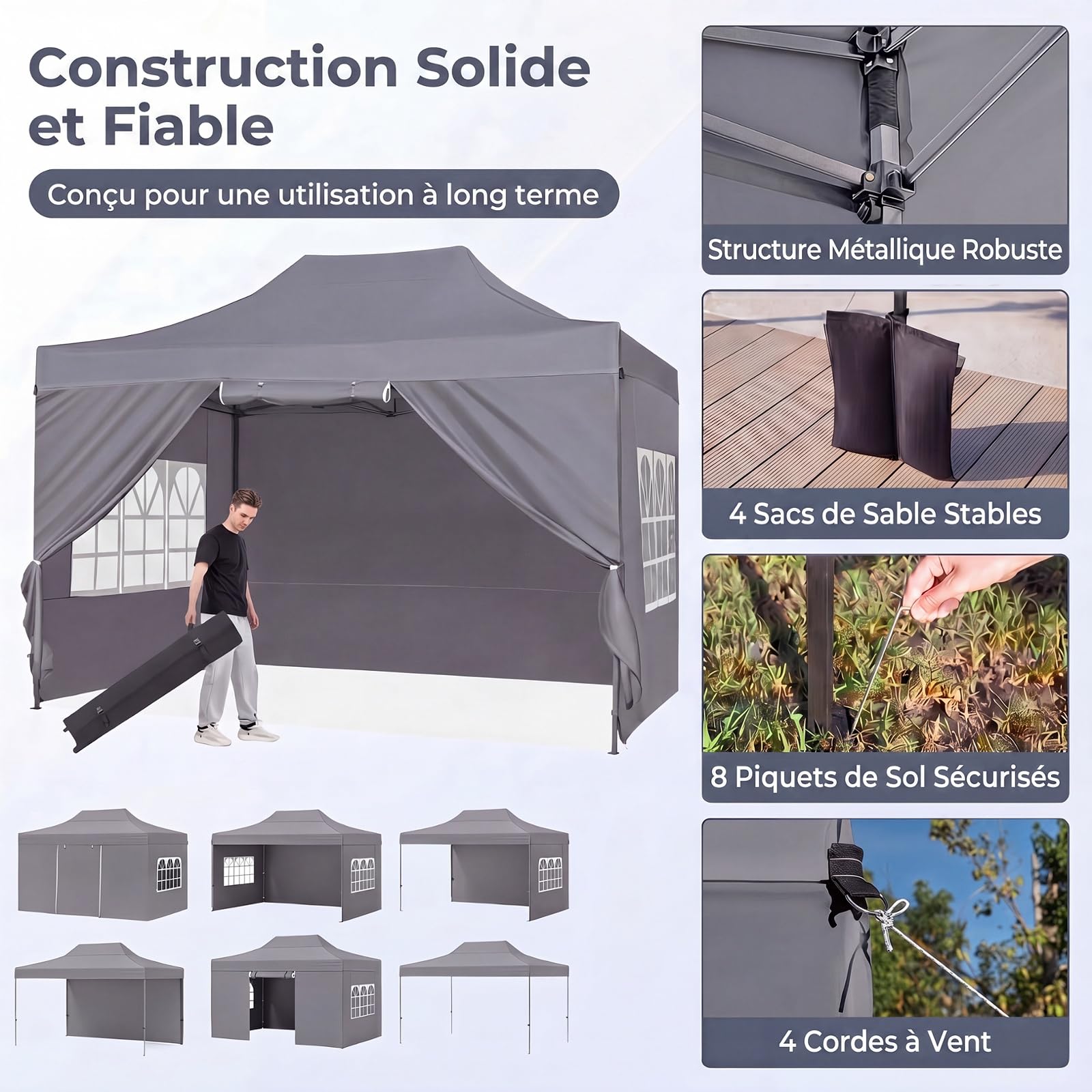 RELAX4LIFE Tonnelle Pliante avec 4 Parois Amovibles, 3x4,3M Barnum Pliant avec Porte Zippée Enroulable, Cadre en Acier au Carbone, Sac à Roulettes, Gazebo Tente de Réception pour Marché Événement,Gris