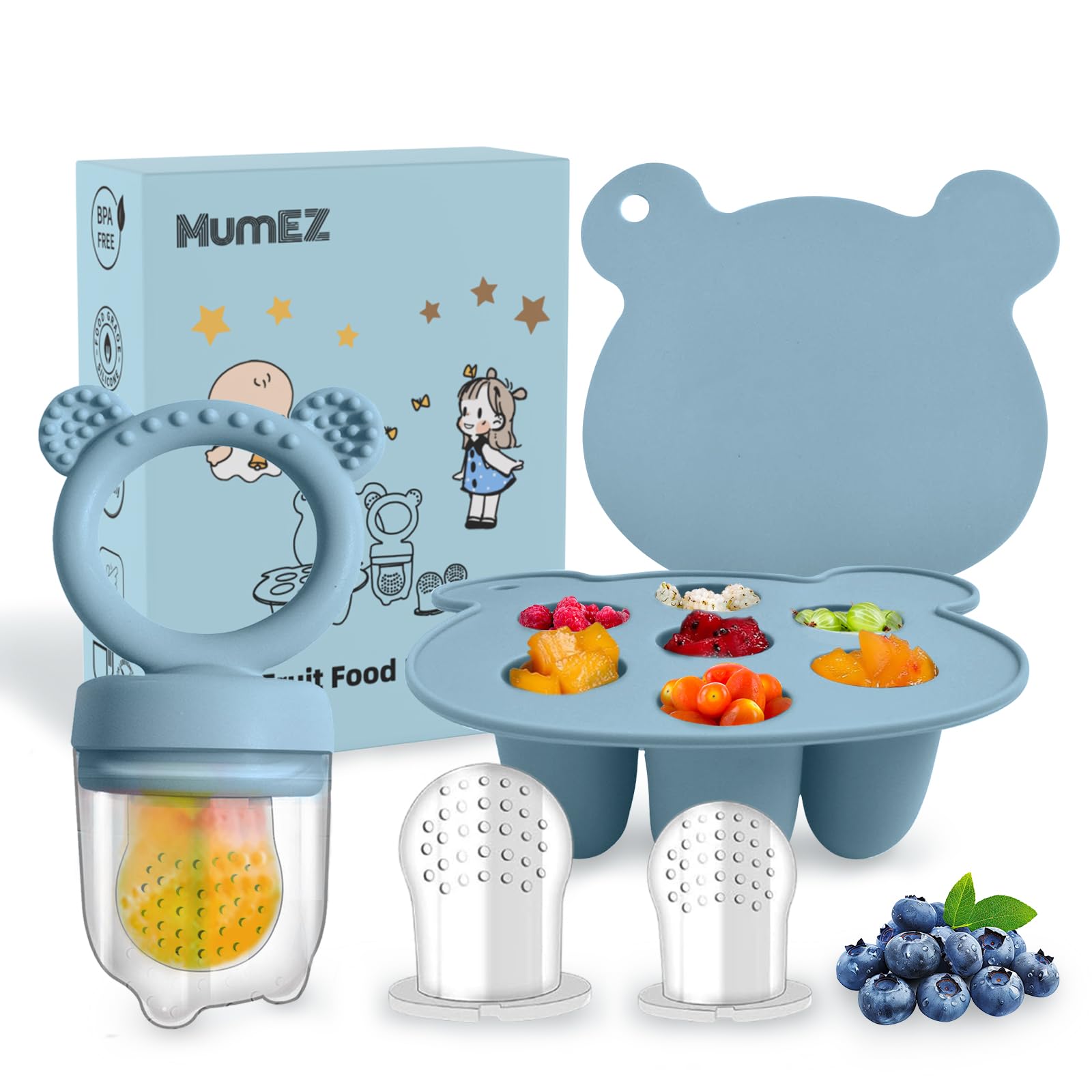Baby Fruit Feeder Pacifier - Convenient Baby Food Feeder Set, Easy Self-Feeding Journey with Baby Food Dummy Feeder, Baby Food Freezer Trays Included（Blue）