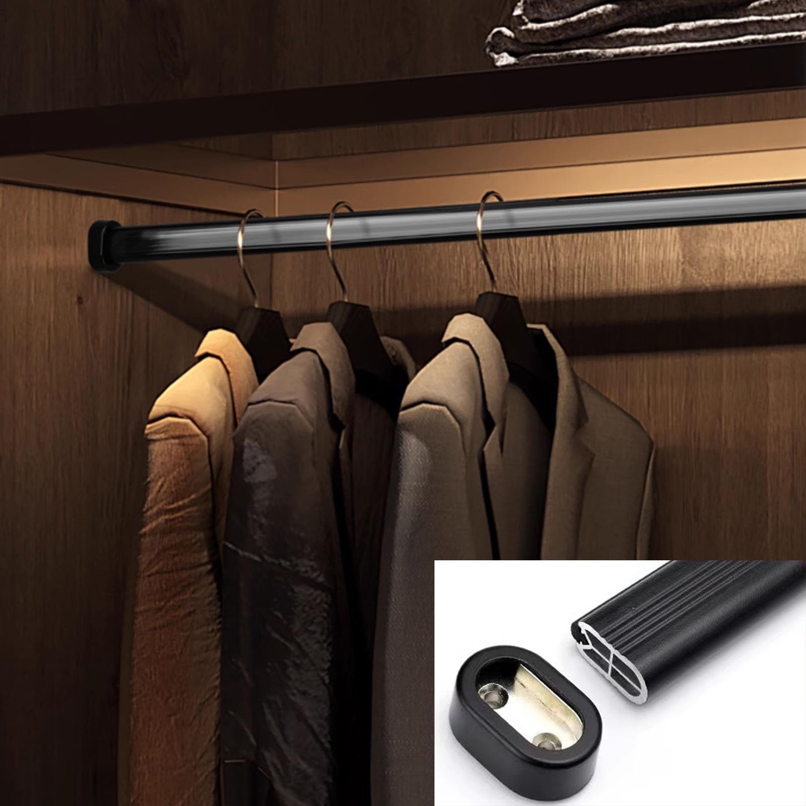 Rail de armario de metal LWX de 40 cm y varilla de ropa industrial negra para montaje de pared