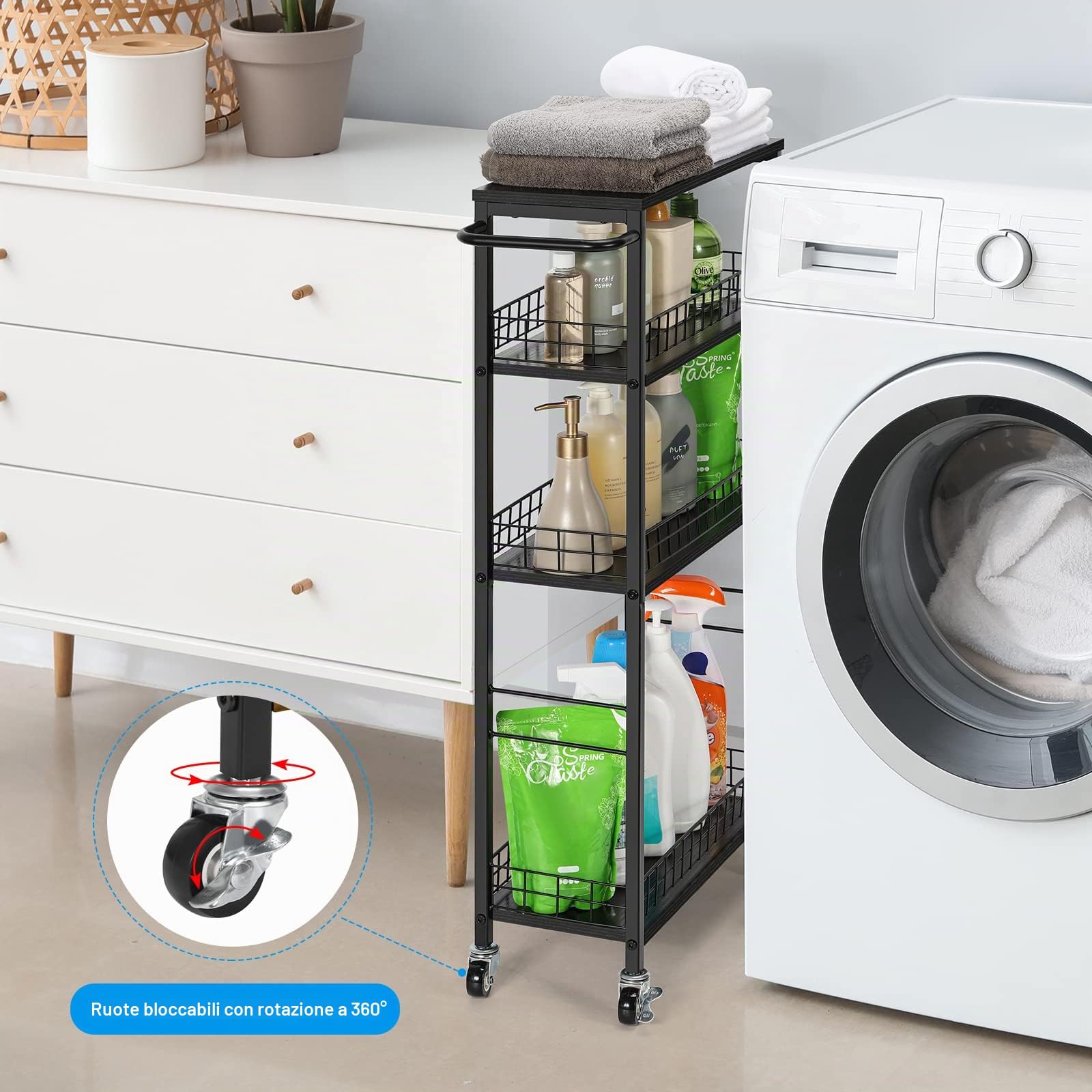 YBING Carrello portaoggetti sottile da cucina con ruote, 4 ripiani, mobile con manico in legno e metallo, scaffale estraibile, per cucina, soggiorno, piccoli spazi, nero