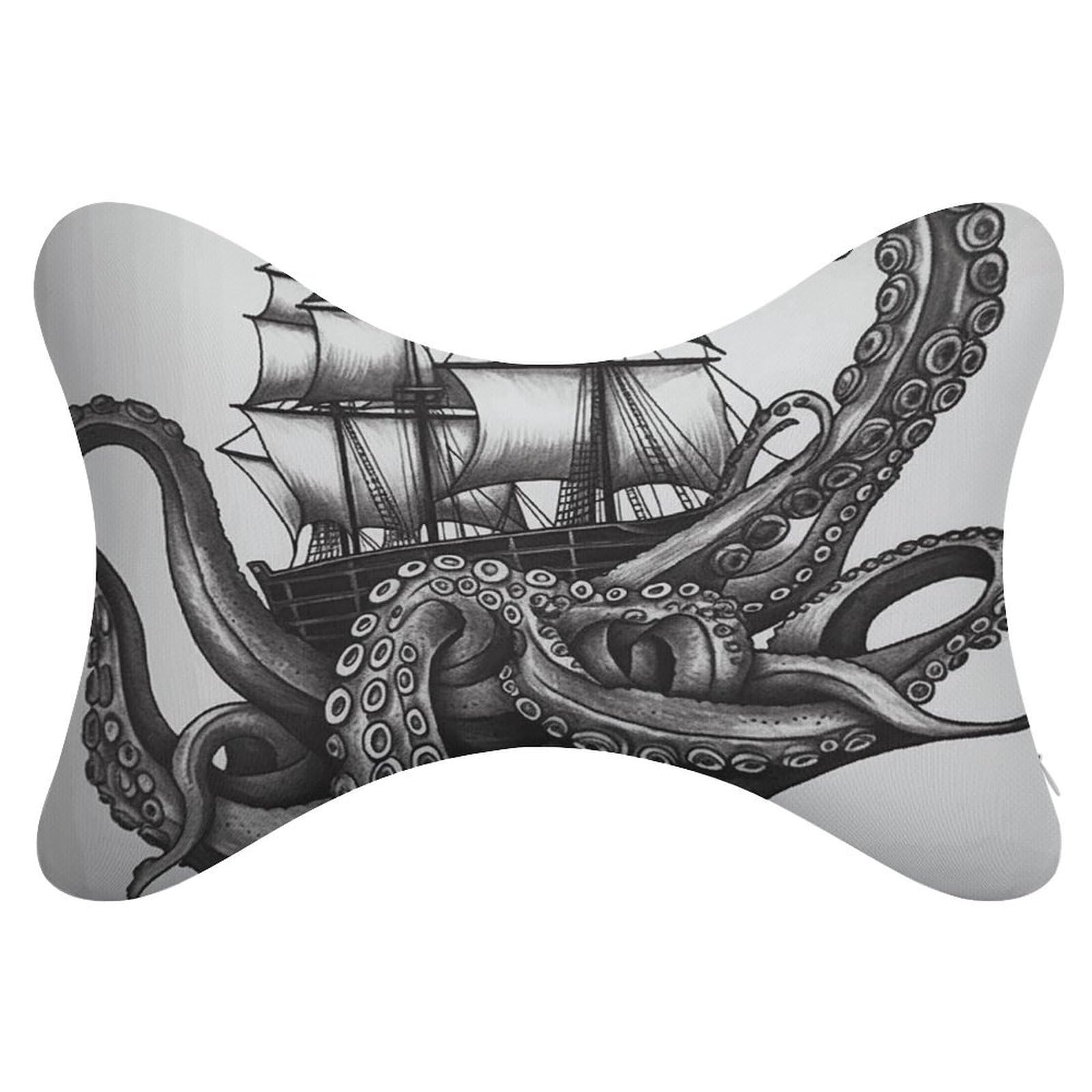 FekiLoot Black and White Octopus and Ship Car Headrest Set of 2,Softness Memory Foam Car Neck Pillow with Breathable Removable Cover Car Neck Support Pillow Ergonomic for Driving, Office
