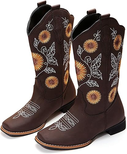 Miniatura 2 de Botas vaqueras bordadas con girasol para mujer, botas vaqueras con punta cuadrada, botas altas de vaquera para todas las estaciones y ocasiones