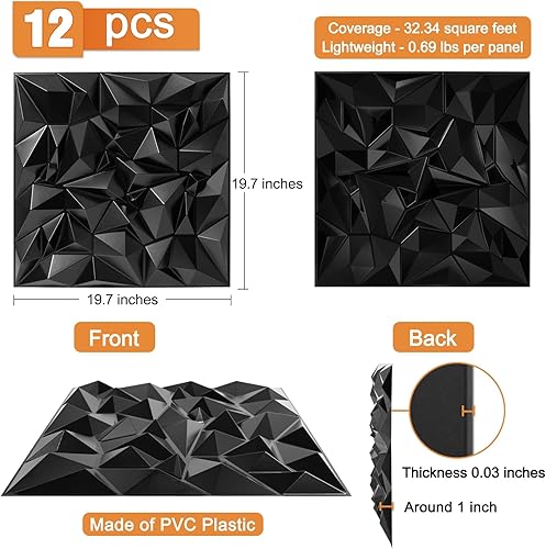 Miniatura 2 de TroyStudio Paneles difusores de sonido acústico, 19.7 x 19.7 x 1 pulgadas, 12 paneles de pared 3D de plástico de PVC negro, panel de difusión de