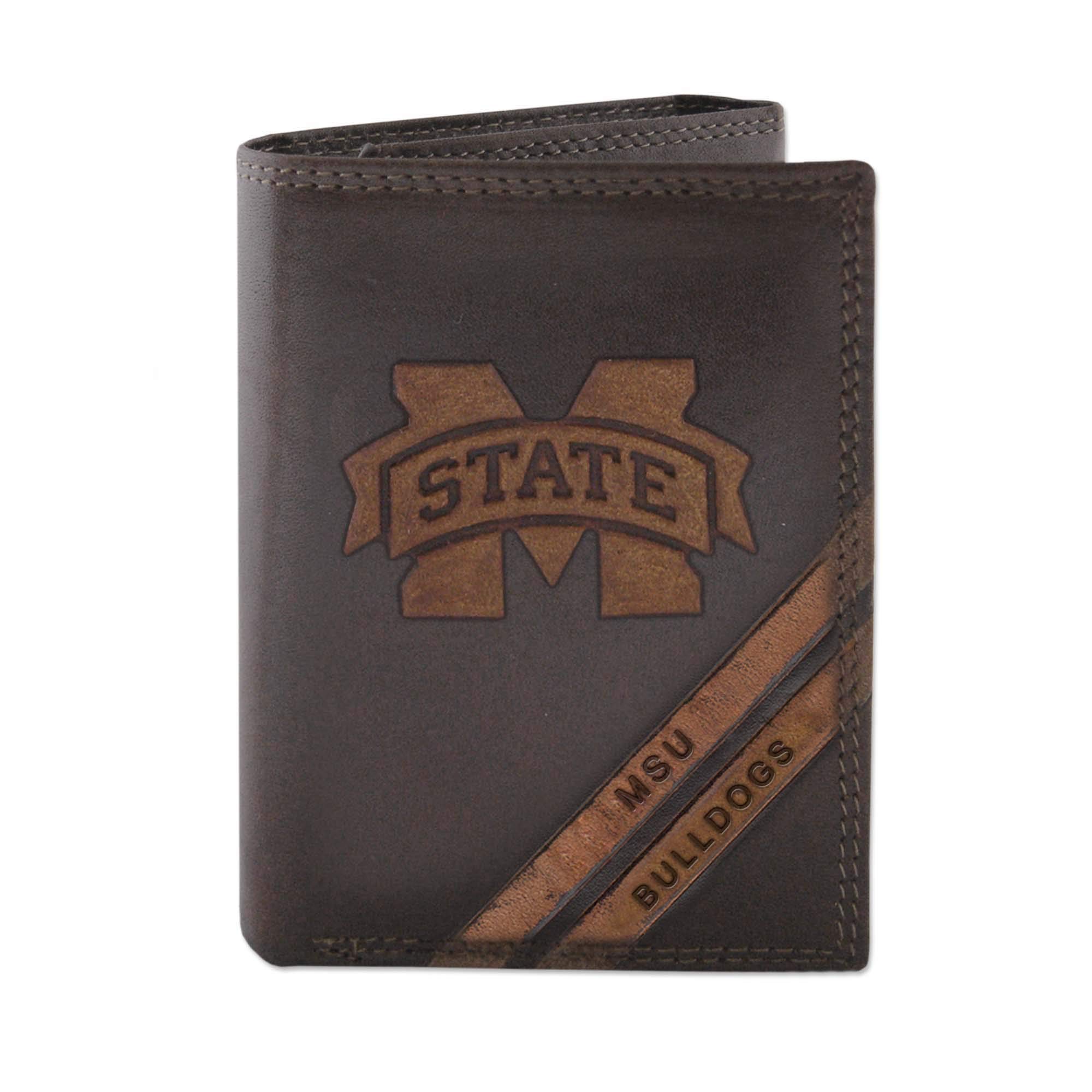 NCAA Mississippi State Bulldogs Zep-Pro Pull-Up Leather Trifold Embossed Wallet, Brown