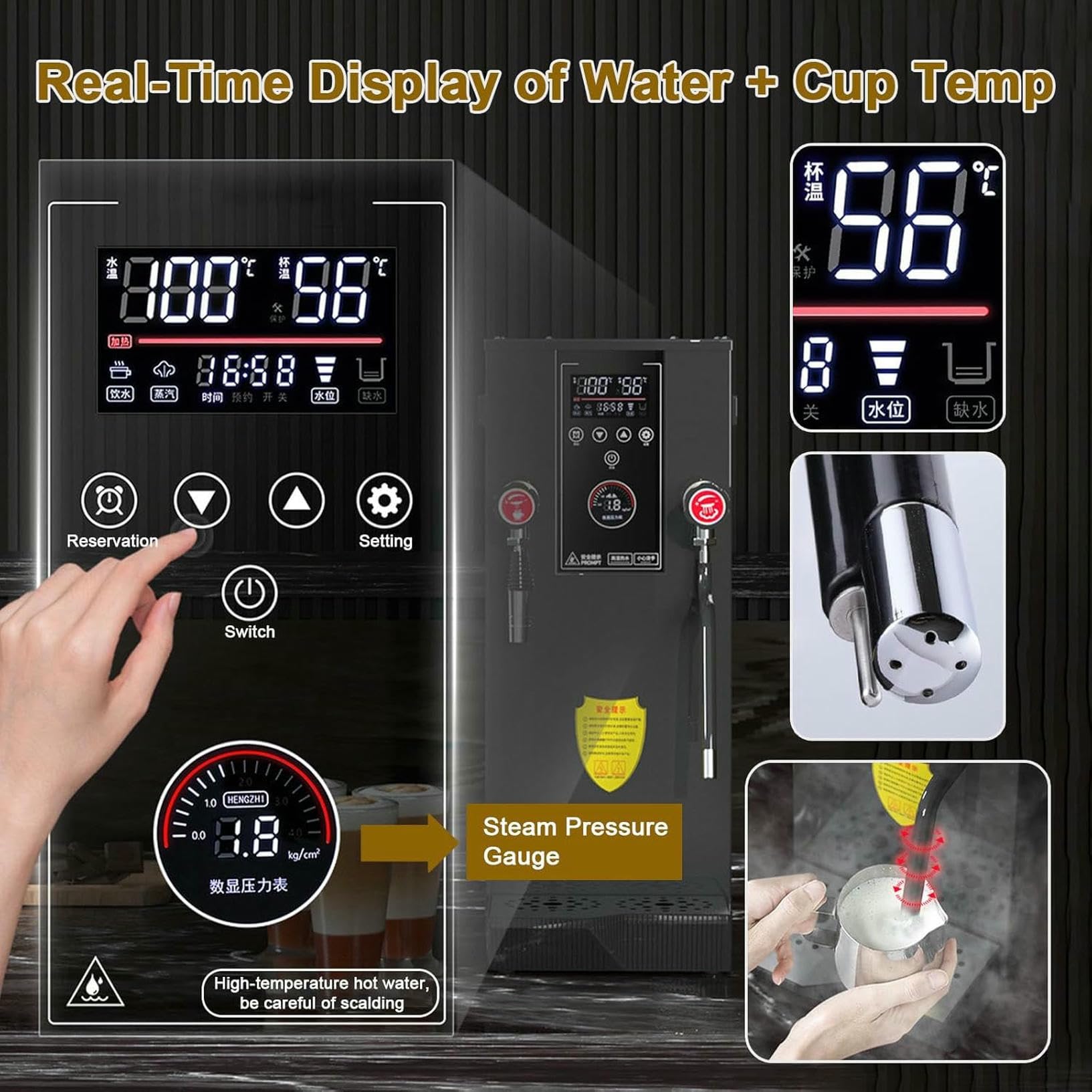 Montalatte e bollitore Automatico per Acqua da 12 Litri - Macchina a Vapore Professionale da 2500 W, Display di precisione della Temperatura, per caffè e tè con Perle di Tapioca.