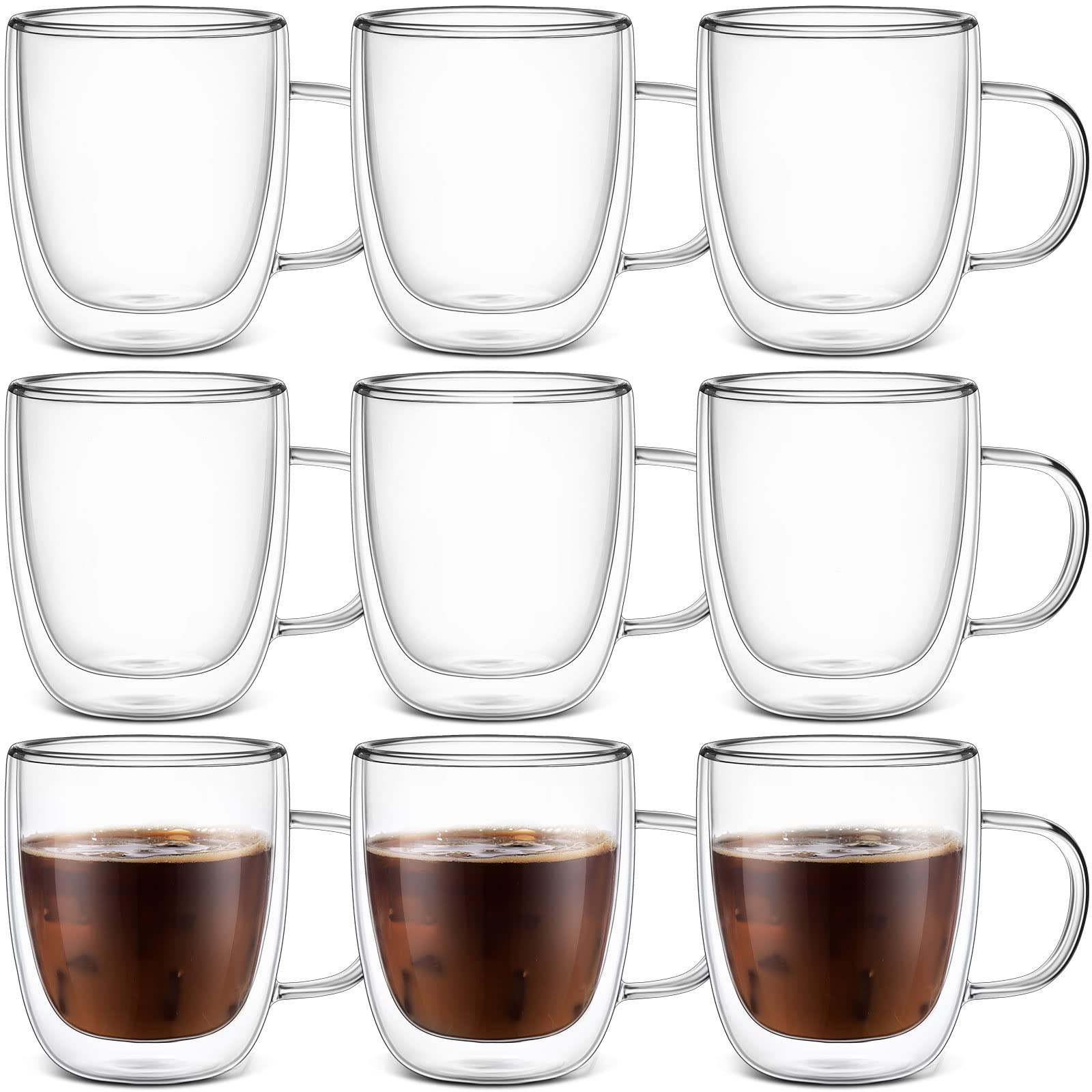 Gerrii8 Pcs Double Walled Espresso Cups Insulated Clear Tea Cups with Handle Glass Coffee Mug for Cappuccino Latte Beer Tea Bag Beverage (12 oz)