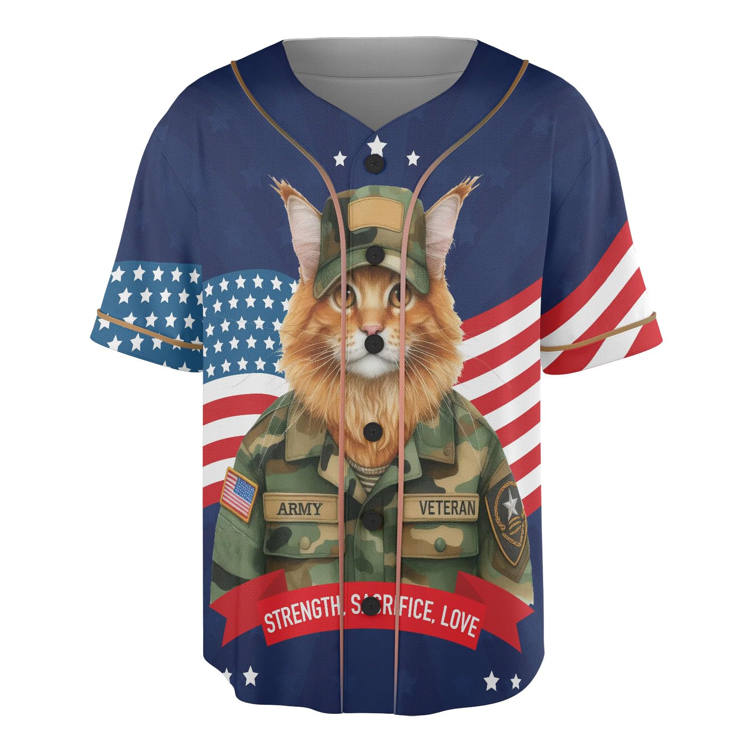Happy Father's Day Honoring Veterans Maine Coon in Army Uniform All Over Print 3D Baseball Jersey Shirt Cat Lover Kitten Owner Gifts Softball Sport 13007