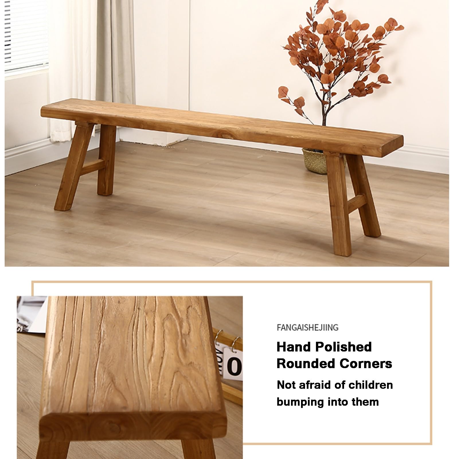 Banco de madera de estilo rústico for interiores, ideal for sala de estar y comedor, banco de entrada de cocina de madera natural sin brazos, banco de zapatos de madera maciza(50*26*45cm)