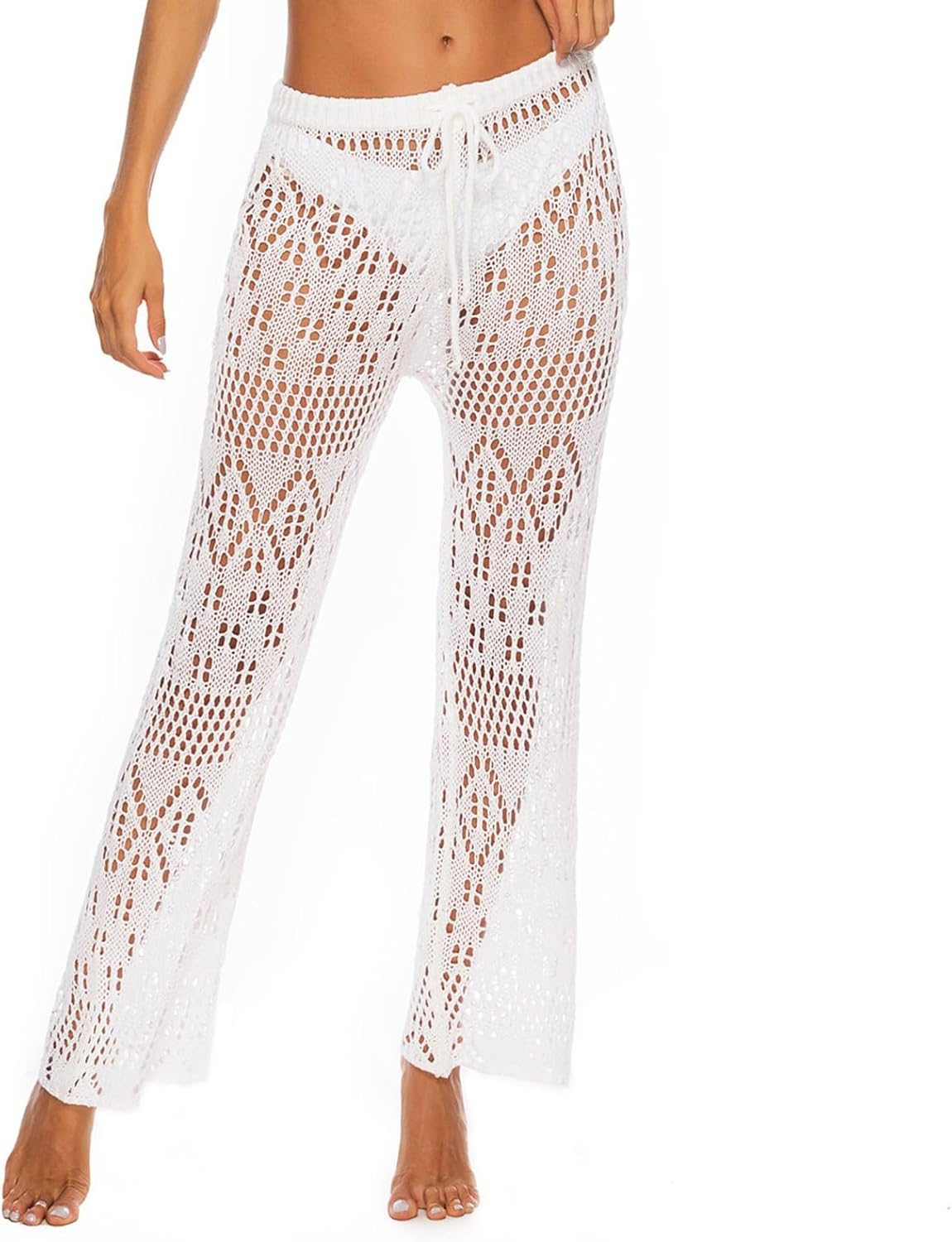 Women's Hollow Out Crochet Beach Pants Drawstring Tie High Waist Knit Swimsuit Cover Up Pants