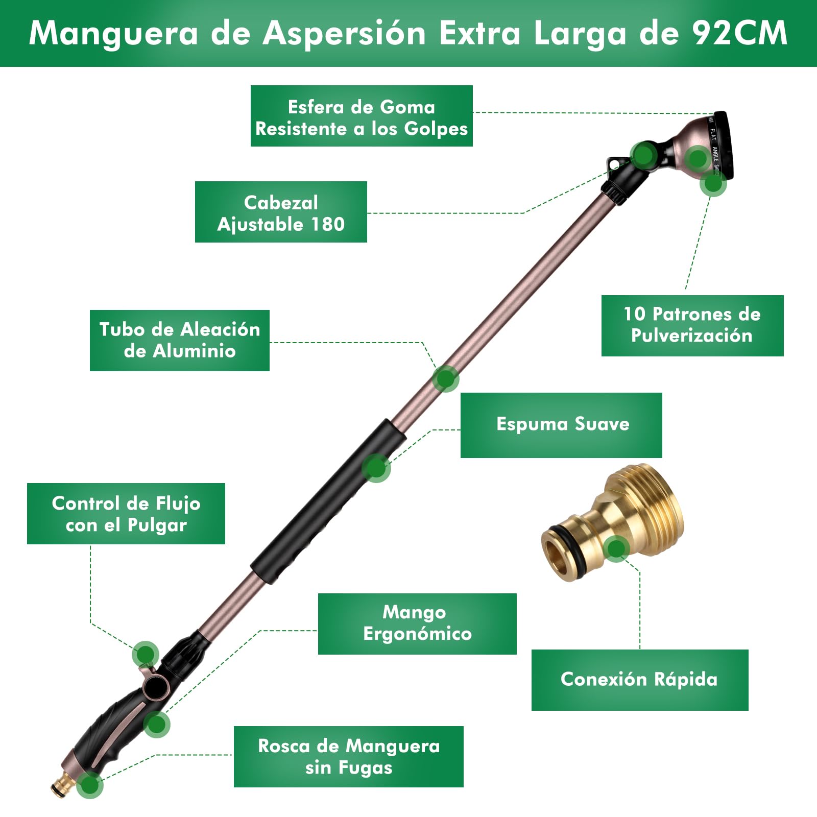 RESTMO 92 cm Lanza de Riego para Jardín de Metal, Largo Ultra Pistola de Riego con Cabezal Giratorio a 180°, 10 Modos de Pulverización Ajustable, Ideal para Macetas Colgantes y Arbustos, Negro