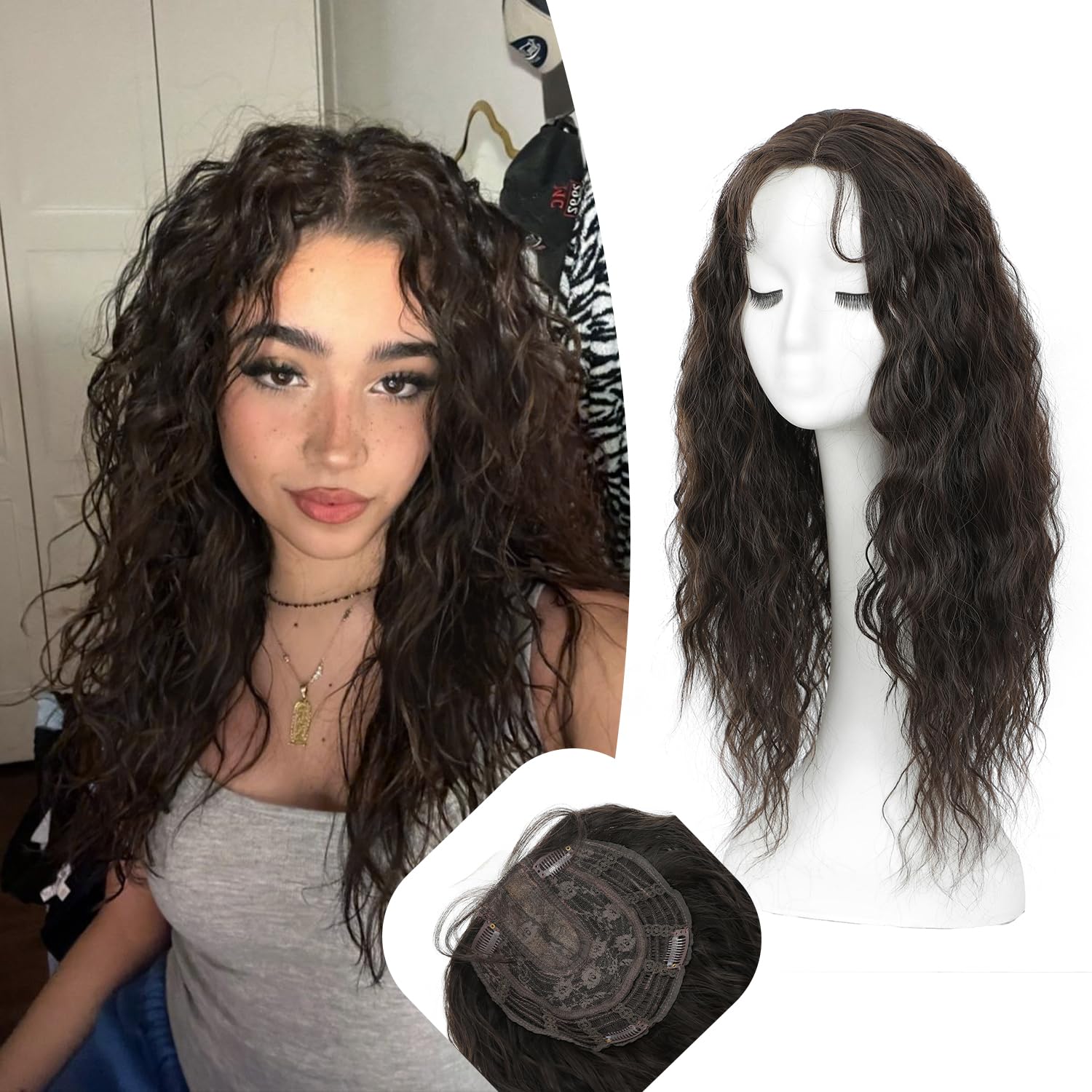 UDU Curly Hair Topper 20inch Natural Curly Hair Toppers for Women with Thinning Hair, Lightweight & Breathable Wiglets for Thinning Hair, Full Coverage, Perfect for Daily Use, Styling, Cosplay