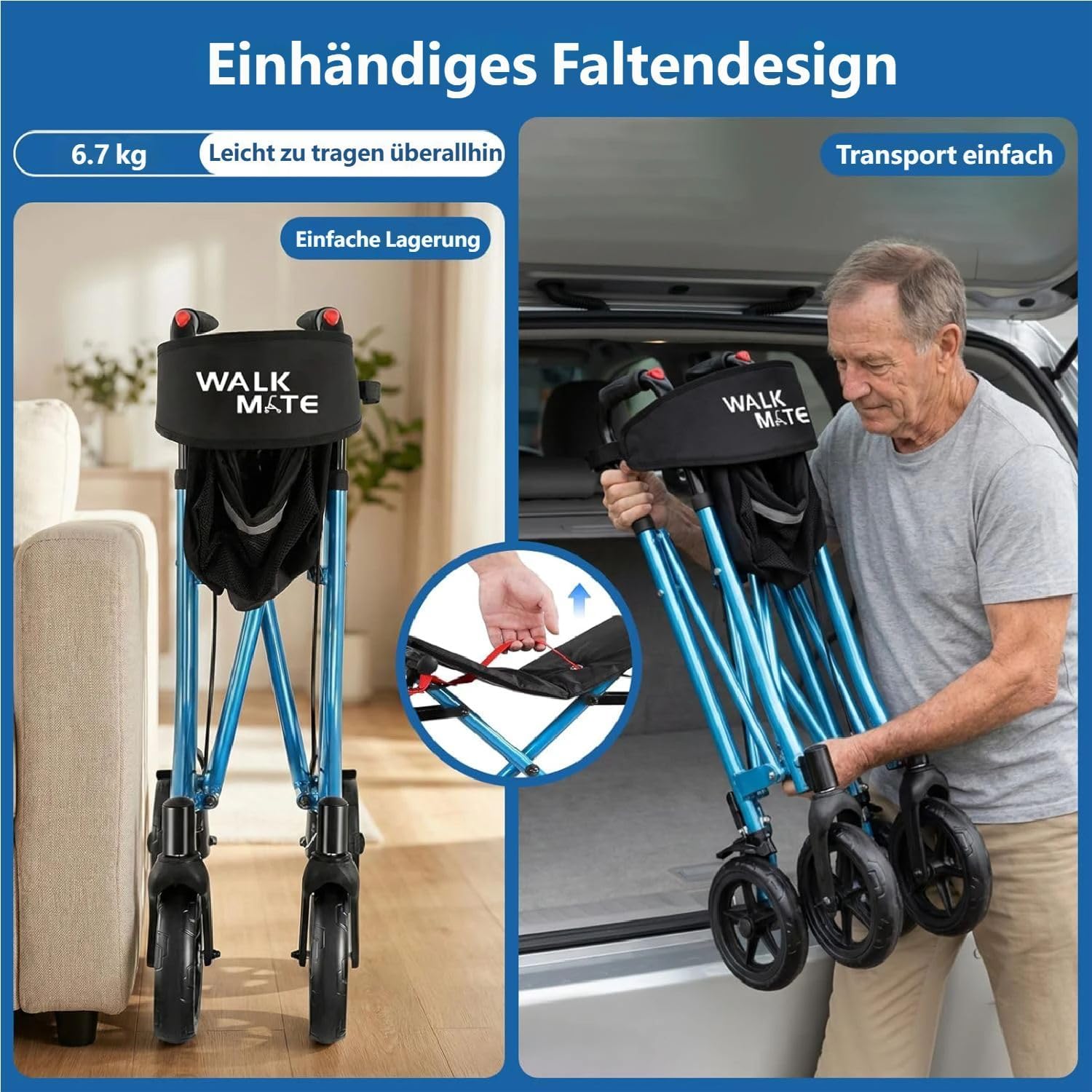 WALK MATE Rollator Faltbar und Leicht mit Sitz für schmale Wohnungen | ergonomische Höhenverstellung 150–190 cm,Rollatoren für Senioren Klappbar mit 20cm Reifen, nur 6.7kg leicht