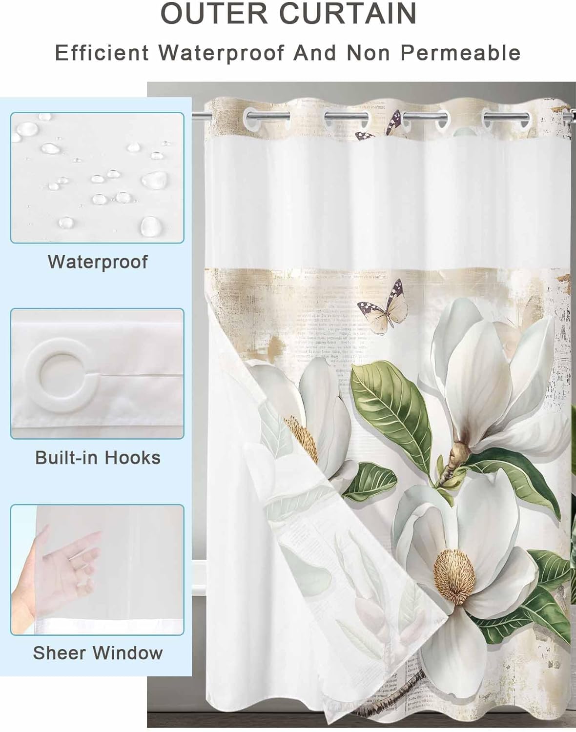 Watercolor Magnolia Floral No Hook Shower Curtain with Snap in Liner Set,Vintage Farmhouse Flower Butterfly Waterproof Fabric Shower Curtains with See Through Top Window for Bathroom,60Wx72L