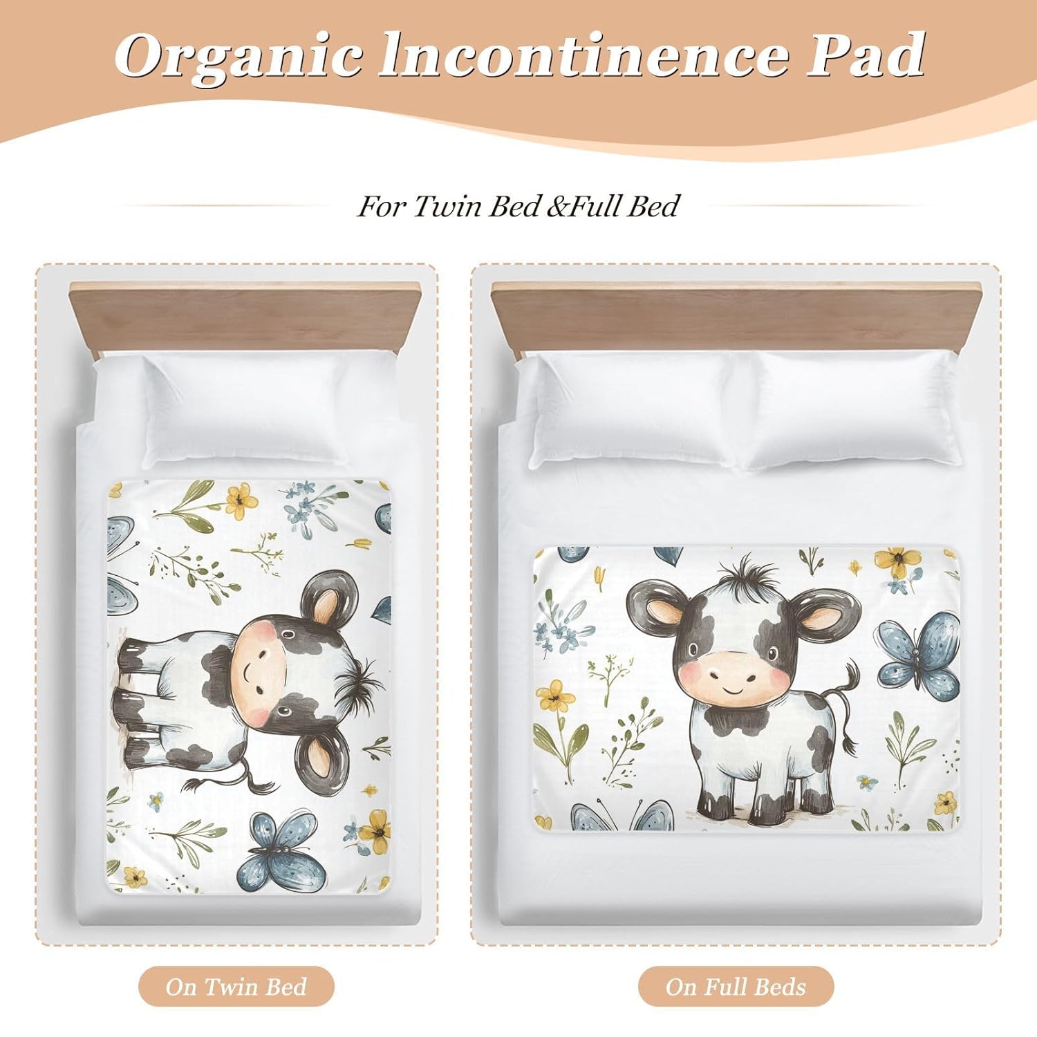 Cartoon Cute Cow White Extra Large Resuable Toddler Mattress Pads Water Resistant Baby Diaper Changing Pad Breathable Bed Liners for Children Adults Pets, 52" L x 34" W