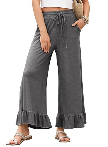 EVALESS Womens Wide Leg Pants Drawstring Elastic High Waisted Ruffle