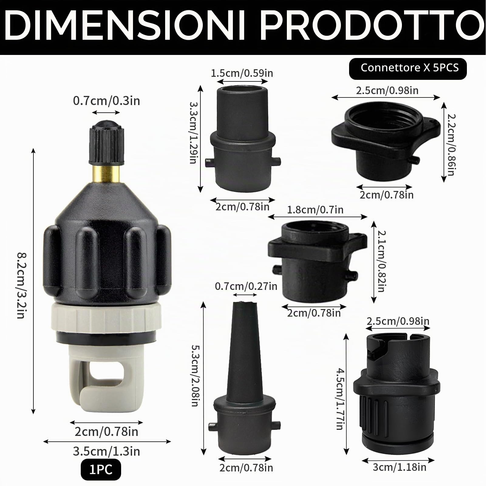 Adattatore per Pompa per Valvola SUP, Adattatore per Pompa Gonfiabile SUP Adattatore Compressore SUP Convertitore Gonfiabile della Pompa con 5 Ugelli Valvola Aria per Tavola da Surf Paddle Kayak