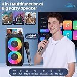 Haut-parleur Bluetooth avec 2 Microphones sans fil - Haut-parleur de grande fête pour adultes Enfants Karaoké avec lumières - Support de haut-parleurs portatifs amovibles TWS/AUX/USB/TF Carte cadeau pour la fête à domicile