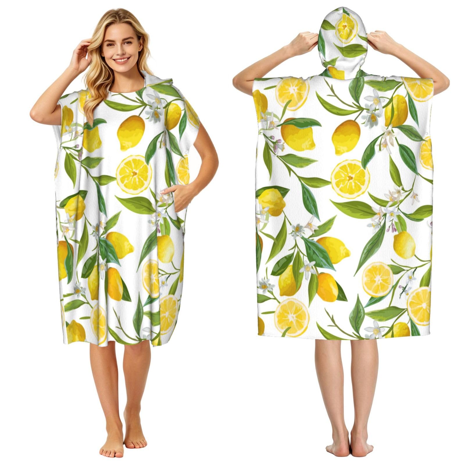 Poadnly Patterned Exotic Lemon Tree Branches Yummy Delicious, Adult Hooded Beach Towel 90 x 110 cm,Changing Bath Robe, Surf Poncho Towel For Women Men