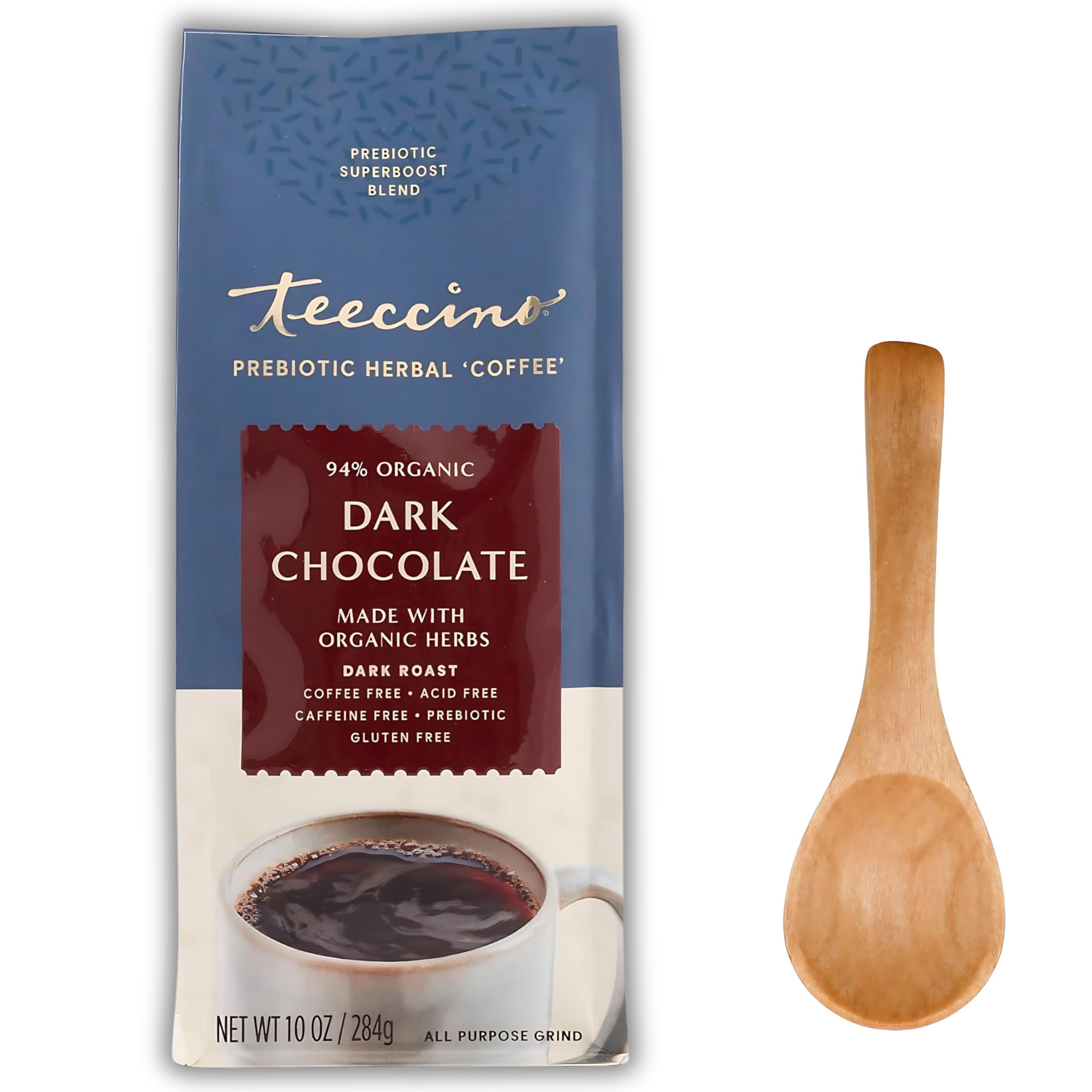 Teeccino Dark Chocolate Prebiotic Superboost Coffee Alternative Bundle | Caffeine-Free, Prebiotic, Herbal Coffee Substitute, Chicory Root Coffee I Includes Prosperina Coffee Spoon & Card-312 G