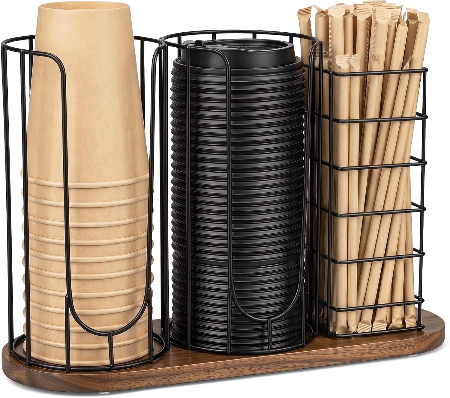 Coffee Cup and Lid Holder with Wooden Base, 3-Slot Coffee Station Organizer Dispenser for Paper Plastic Cups, Lids & Straws, U-Shape Metal Wire Coffee Bar Storage for Countertop, Office, Kitchen