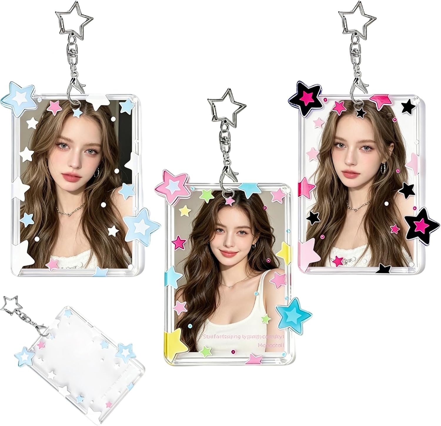 3 Pcs Star Photocard Holder with Metal Chain 3 Inch Photo Card Holders Acrylic PC Cute Photocards Holder with Star Pendant for Idol Card Photo Album