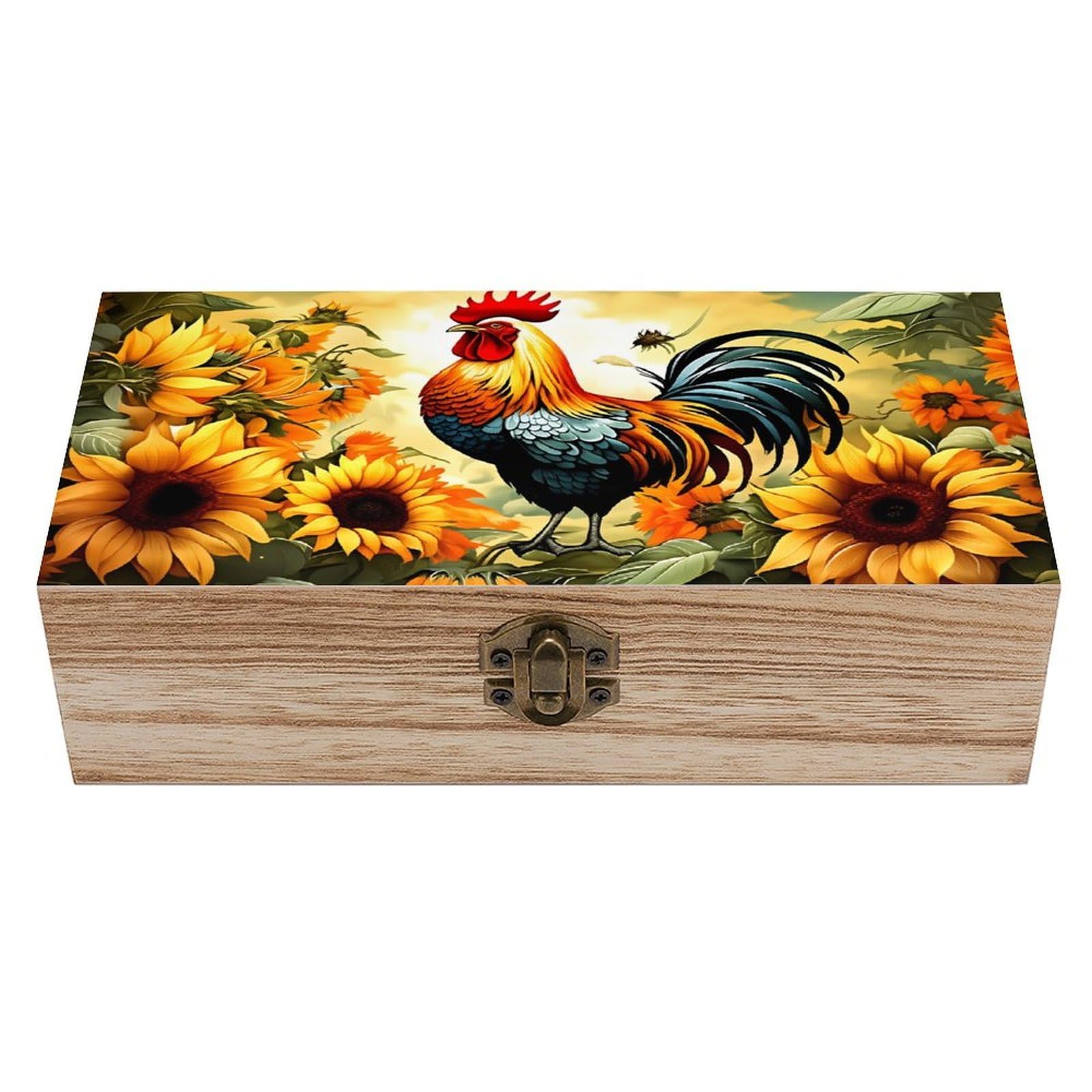 HLBSDM Rooster Sunflowers Garden Vintage Wooden Keepsake Box with Hinged Lid And Locking Clasp, Decorative Storage Box for Jewelry, Trinkets And Small Accessories, Organizer for Home Or Wedding