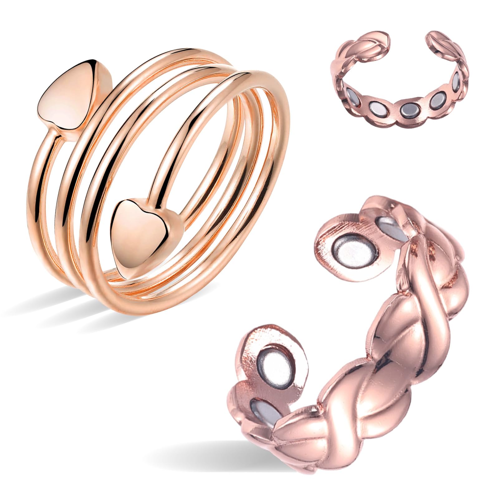 BioMag 2Pcs Lymphatic Drainage Copper Rings for Women in Different Design, Pure Copper Magnetic Ring with 10X Ultra Strength Magnet, Adjustable Jewelry in Gift Box