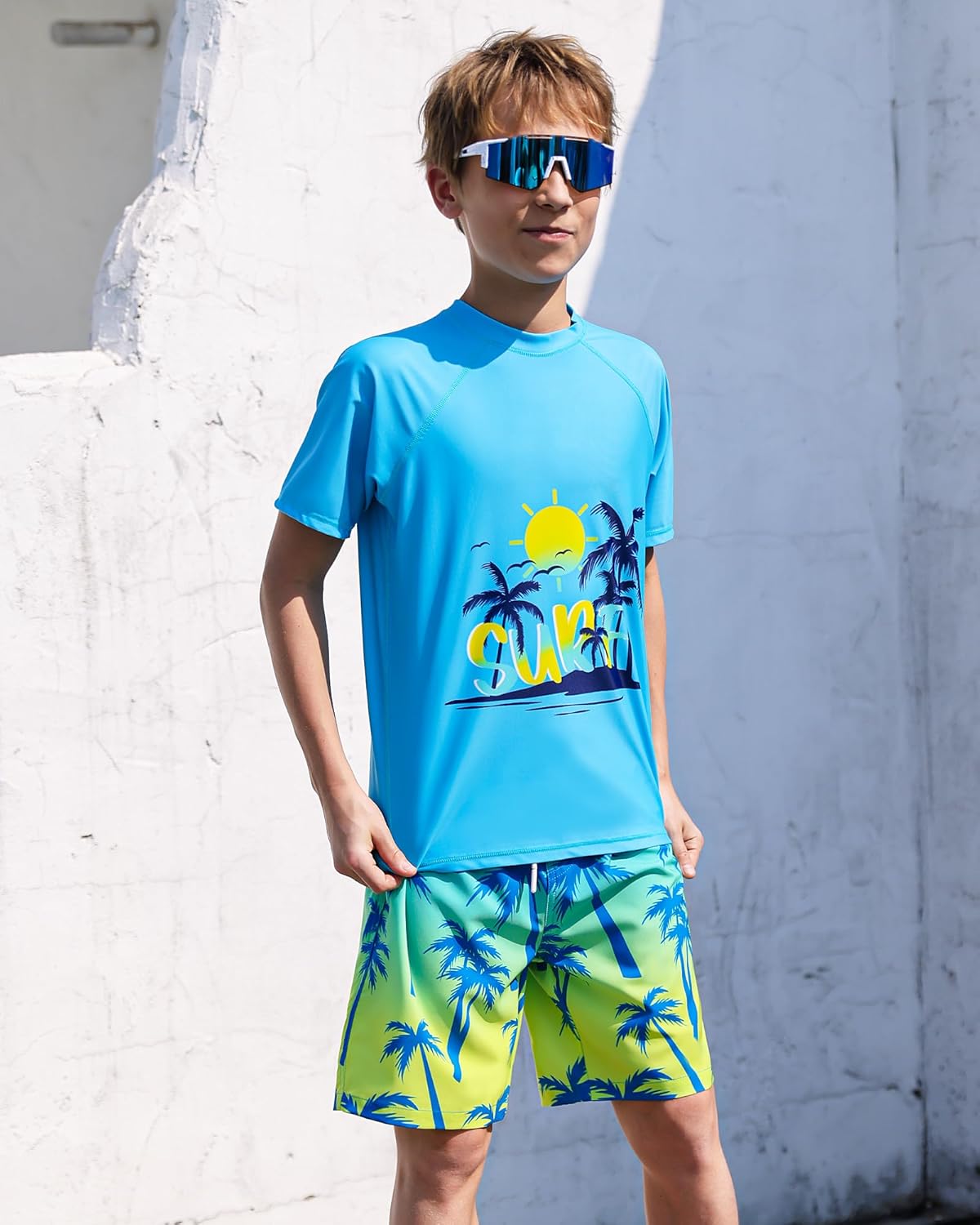 Boys Two Piece Rash Guard Swimsuits Sets Kids Short Sleeve Swimsuits Bathing Suit with Swim Trunks Swimwear Set - Image 7