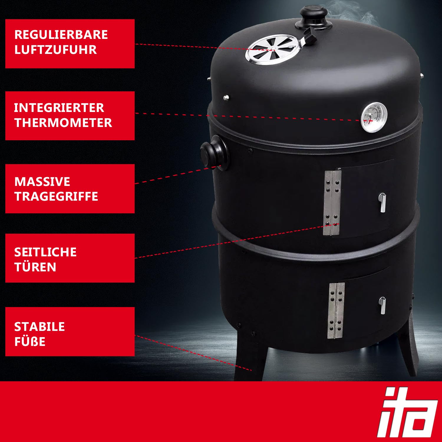 ITA Räuchergrill 3in1 Multifunktional - Grillen, Räuchern, Garen - Modularer Holzkohlegrill Smoker mit Thermometer & regulierbarem Luftabzug am Deckel - Grilltonne Räucherofen