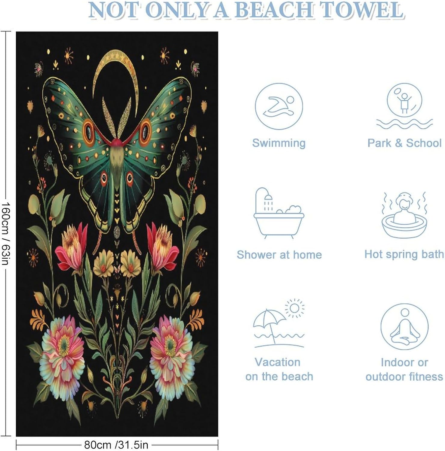 Plant Nature Flower Moth Moon Bath Towel Beach Towels Quick Dry Oversized Bath Blanket Highly Absorbent Towel for Women Men 160x80cm