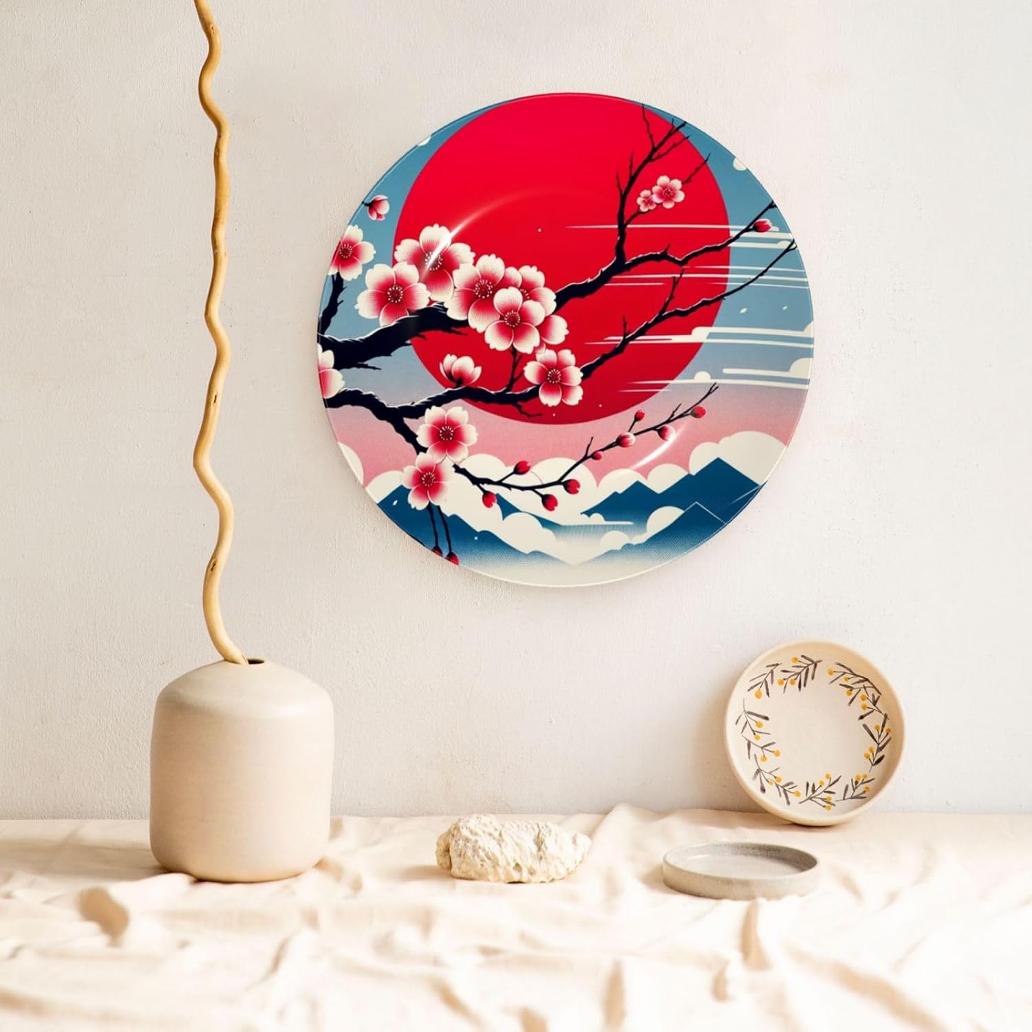 Japan-Cherry-Sun 10 Inch Decorative Plate With Stand, Elegant Display Wall Plate For Home Decor